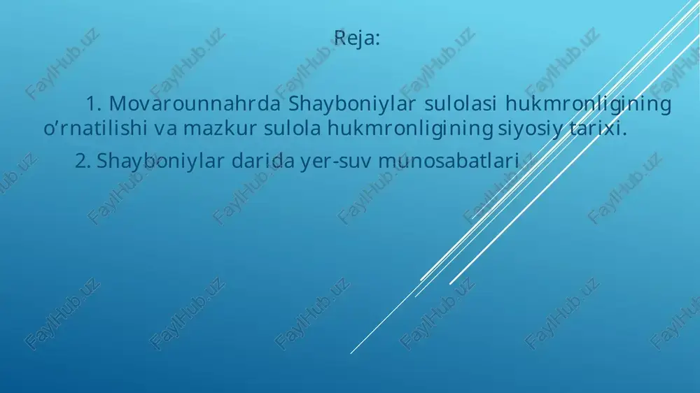 izi robiya sultonbegimning o‘g‘illari bo‘lgan amakisi ko‘chkunchi sultonni turkistonga va uning ukasi suyunchxo‘ja sultonni toshkentga, o‘zining ukasi mahmud sultonni buxoro viloyatlariga hokim etib tayinladi. 1504-yilda esa farg‘ona egallandi. zahriddin muhammad bobur va muhammad shayboniyxon portreti xorazm va xivaning egallanishi muhammad shayboniyxon movarounnahrda mustahkamlanib olgach, endi xorazmni zabt etishga kirishdi va 1505-yilda uni bosib oldi. 1505-yil kuzida esa xurosonga yurish boshladi. so‘nggi yillarda o‘zaro ichki nizolar oqibatida inqirozga yuz tutgan temuriylarning xuroson davlatini egallashi qiyin bo‘lmadi. 1506-yilda balx, 1507-yilda esa hirot egallandi. shundan so‘ng hirot o‘zining iqtisodiy, siyosiy va madaniy markaz sifatidagi nufuzini yo‘qotdi. xurosonning ham bo‘ysundirilishi bilan amalda muhammad shayboniyxon butun mintaqani yagona bir markaz — samarqand qo‘l ostida birlashtira oldi xvi asrdagi shayboniylarning markazlashgan davlat barpo etish jarayonini 3 davrga bo’lib o’rganish mumkin: 1-davr: 1500-1510-yillar: muhammad shayboniyxonning movarounnahr va xurosonda markazlashgan davlat barpo etishi yo’lidagi faoliyati 2-davr: 15012-yil: ubaydullaxonning movarounnahrni egallash va birlashtirish yo’lidagi harbiy-siyosiy faoliyati 3-davr: 1552-1598-yillar: abdullaxonning …