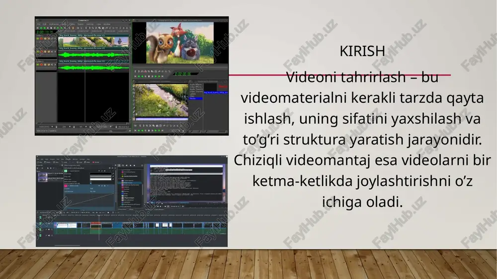chuqurroq kiritish mumkin. videoni tahrirlash uchun turli dasturlar mavjud. adobe premiere pro, final cut pro, davinci resolve kabi dasturlar professional tahrirlash uchun keng qo'llaniladi. har bir dasturda turli xususiyatlar mavjud: rang korreksiyasi, efektlar qo'shish, audio tahrirlash, va boshqa ko'plab imkoniyatlar. dastur tanlashda uning interfeysi va xususiyatlari foydalanuvchining ehtiyojlariga mos bo'lishi kerak. kadrlarni kesish – videoni tahrirlashning eng muhim qismi. kadrlar orasidagi o'tishlar, hikoya ritmi va vaqtni boshqarish, tomoshabinning e'tiborini saqlash uchun juda muhimdir. har bir kadrni ehtiyotkorlik bilan kesib, kerakli qismlarni tanlash va joylashtirish kerak. tahrir jarayonida kadrlar o'rtasidagi musiqali yoki vizual o'tishlar ham muhim rol o'ynaydi. videolarga vizual effektlar qo'shish videoning ko'zni qamashtiruvchi va esda qolarli bo'lishini ta'minlaydi. effektlar yordamida kadrlarni yaxshilash, harakatlar qo'shish yoki alohida vizual elementlarni ajratib ko'rsatish mumkin. animatsiyalar, 3d effektlar yoki kadrlar orasidagi o'zgarishlar tomoshabinning e'tiborini qaratadi. effektlar videoning vizual sifatini yaxshilashga yordam beradi. kadrlarni kesish – videoni tahrirlashning eng muhim qismi. kadrlar orasidagi o'tishlar, …