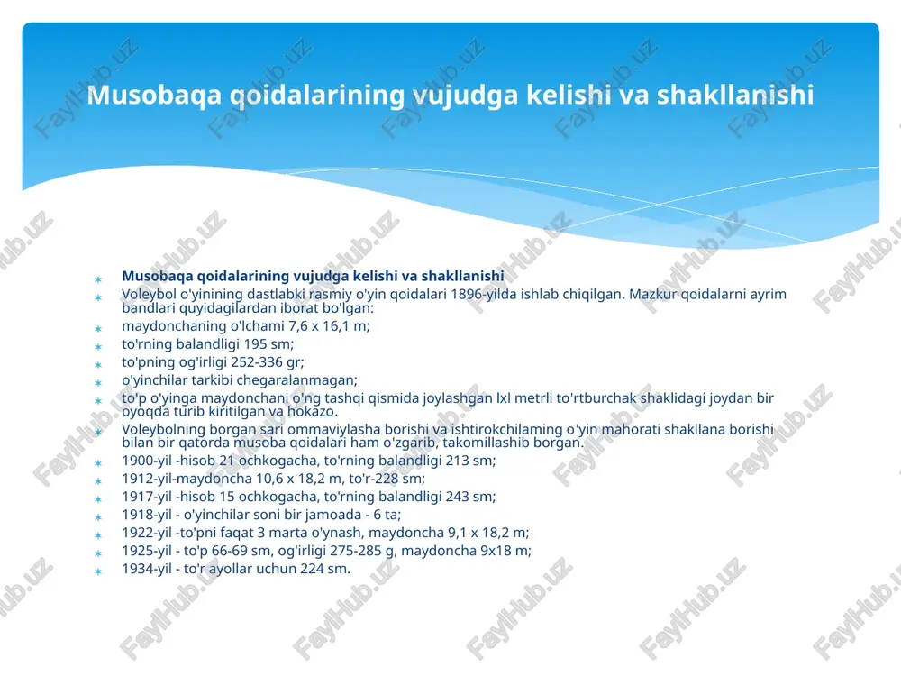 ga kiritilayotganda uni to'sish bekor qilindi. 1988-yil - eng yuqori hisob 17 gacha, hal etuvchi partiya taybreyk tarzida, ochkolar soni 2 ta farq bo'lguncha davom etadi. 1992-yil - to'p tanani tizzadan yuqori barcha joyiga tegishi mumkin. 1998-yil - to'p tanani barcha joyiga tegishi mumkin; hisob 25 gacha, 5 partiyada 15 gacha; har partiyada hisob 8 va 16 bo'lganda 2 ta bir daqiqadan texnik tanaffus beriladi; jamoalar 2 martadan 30 sek. tanaffus olishlari mumkin; to'p kiritish 9 metr oralig'ida ijro etilishi mumkin; «libera» o'yinchisi joriy etildi. 2008-yil - to'pni rangi o'zgartirildi (sariq-ko'k); to'r oldida joylashgan o'yinchilar to'rni pastki qismiga tegishi mumkin. to'pni aylana uzunligi 66±1 sm, diametri 21±0,3 sm, og'irligi 270±10g; har partiyada 6 o'yinchi almashinuviga ruxsat beriladi. asosiy o'yinchi 1 marta almashtirilishi va qaytib o'yinga tushishi mumkin; o'yin 3 yoki 5 partiyadan iborat bo'ladi; har partiyada hisob 25 gacha, agar 25:25 bo'lib qolsa eng yuqori hisob 2 ochko farq qilguncha …