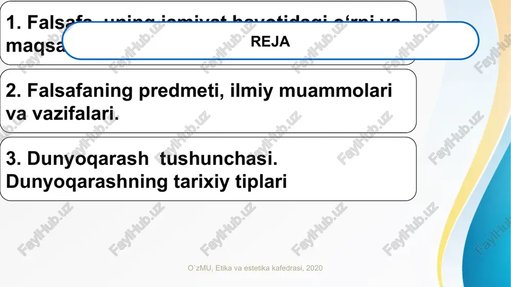 rliqqa bo`lgan munosabatlarini ifodalaydigan ko`nikmalari, malakalari, bilimlari hamda dunyoni amaliy va nazariy o`zlashtirish hamdir. dunyoqarashning funktsiyalari: bilish funktsiyasi qadriyatlarga munosabat xulq-atvorni belgilash (insonda qiziqish uyg'o- tuvchi barcha savollarni va muayyan yo'l bilan to- piluvchi javoblarni o'z ichiga oladi, bilish- odamlar dunyoqarashini boyitadi); insonning eng av- valo, o'zini oliy qadriyat ekanli- gini anglashga, so'ngra atrofida- gilarni qadr- lashga undaydi); (insonni o'z-o'zi- ni tarbiyalash jarayoni) dunyoqarashning o'ziga xos asoslari: intellektual asos; emotsional asos; ruhiy asos; intellektual, emotsional va ruhiy asoslar iroda bilan uyg'unlikda e'tiqodlar, odamlar faol qabul qiladigan, ularning ong darajasi va hayotdagi mo'ljallariga mos keladigan qarashlarni yuzaga keltiradi. intellektual asos; emotsional asos; ruhiy asos; dunyokarashning tarixiy turlari dunyokarash mifologik diniy falsafiy mifologiya dunyokarash sifatida mif – bu turli xalqlarning dunyoning kelib chiqishi, tabiat hodisalari, fantastik mavjudotlar, xudolar va qahramonlarning ishlari haqidagi tasavvurini ifodalovchi muayyan tarzda tizimga solingan dunyoqarashdir. miflar javob bermokchi bo'lgan asosiy savollar • olamning, erning va insonning paydo bulishi; …