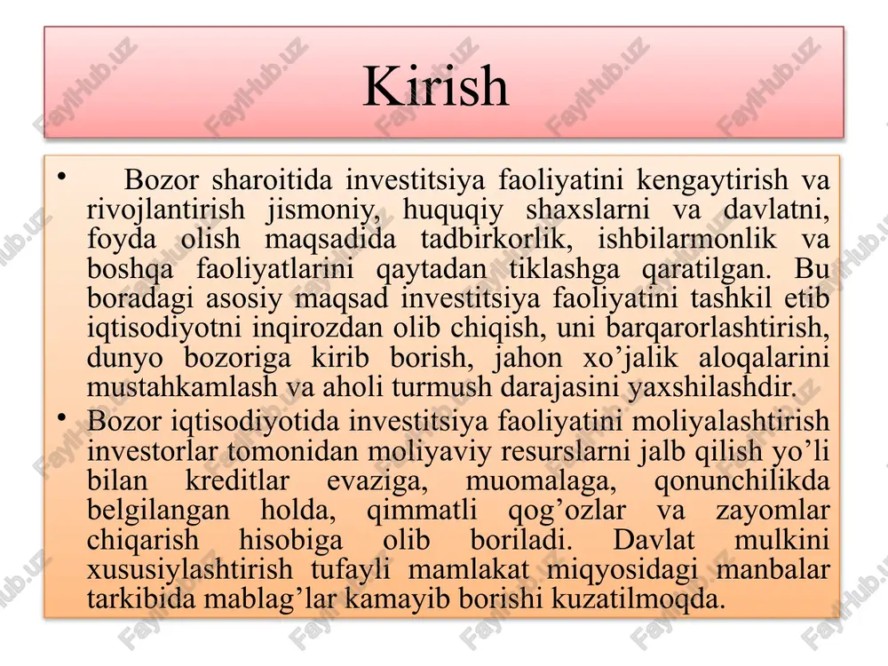 tsiya faoliyatini amalga oshirish sub’ektlari quyidagilardir; investorlar, buyurtmachilar, pudratchilar, kapital qo’yilma ob’ektlaridan foydalanuvchilar va boshqalar. investorlar o’z mablag’i yoki jalb qilingan mablag’ yordamida kapital qo’yilmalarni amalga oshiradi. yuridik va jismoniy shaxslar, yoki ularning birlashmasi, davlat organlari va chet ellik yuridik va jismoniy shaxslar investor bo’lishlari mumkin. investitsiya faoliyati investor tomonidan tanlangan sohalar, hamda investitsiyalar sarflanishi lozim bo’lgan maqsadlar bilan, ya’ni investitsiya ob’ektlari bilan bog’liqdir. investitsiyalarni yo’naltirish sohalari, ishlab chiqarishda ishtiroki va sarflanish ishlariga binoan investitsiya faoliyatining quyidagi ob’ektlarini farqlash mumkin: xalq xo’jaligining barcha tarmoqlaridagi yangidan yaratilgan va modernizatsiyalashtirilgan (yangilangan) asosiy fondlar va aylanma mablag’lari; fan-texnika mahsulotlari, izlanishlar, ta’limot, kadrlarni tayyorlash va qayta tayyorlash; intellektual g’oyaviy boyliklar, mualliflik, ixtiro, kashfiyot huquqlari, tajriba; qimmat baholi qog’ozlar, maqsadli pul jamg’armalari; boshqa mulkchilik ob’ektlari; mulkiy huquqlar. investitsiya faoliyatini amalga oshirish uchun ular fuqarolarni va huquqiy shaxslarni o’z hohishlari bilan shartnomalar asosida jalb qiladilar. qonunlarga tayangan holda shartnomalar asosida investitsiyalarga ega bo’lish, ulardan foydalanish va …