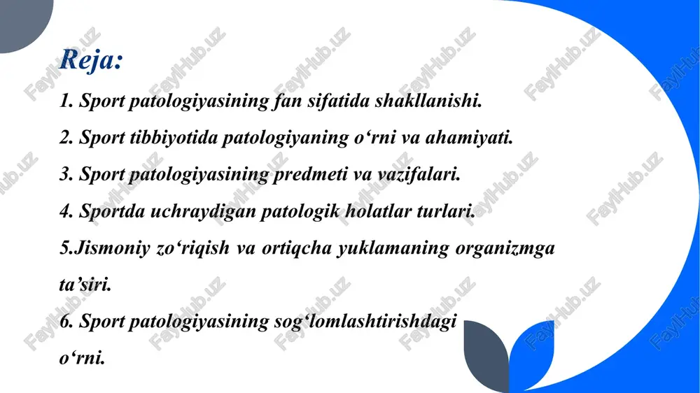 rayonlarini ilmiy asosda o‘rganish ham sport patologiyasining rivojiga turtki bo‘ldi. 4 bugungi kunda sport patologiyasi sog‘lom turmush tarzini targ‘ib etishda, professional sportchilarni tibbiy nazoratdan o‘tkazishda, hamda yosh sportchilar salomatligini saqlashda muhim o‘rin egallaydi. u sport tibbiyoti, reabilitatsiya, fiziologiya va psixologiya fanlari bilan uzviy bog‘langan holda faoliyat yuritadi. 5 sport tibbiyotida patologiyaning o‘rni va ahamiyati sport tibbiyoti — bu jismoniy faollik, sport mashg‘ulotlari va musobaqalar davomida inson organizmining holatini o‘rganadigan, sog‘lomlashtirish, profilaktika va reabilitatsiya masalalari bilan shug‘ullanadigan tibbiyot sohasi hisoblanadi. shu jarayonda patologiya fani sport tibbiyotining nazariy va amaliy asoslarini shakllantiruvchi eng muhim yo‘nalishlardan biri bo‘lib xizmat qiladi. patologiya fani inson organizmidagi kasalliklarning sabablarini (etiologiya), rivojlanish mexanizmlarini (patogenez) va ularning oqibatlarini o‘rganadi. sport tibbiyotida esa bu bilimlar sportchilar organizmida jismoniy yuklama natijasida yuzaga keladigan o‘zgarishlarni tahlil qilish, kasalliklarning erta bosqichini aniqlash va oldini olish imkonini beradi. 6 sport faoliyatida patologik jarayonlar ko‘pincha ortiqcha yuklama, noto‘g‘ri mashg‘ulot usullari, yetarli dam olmaslik yoki …