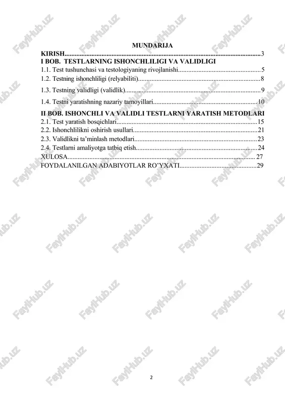 usiyatlarni tizimli va obyektiv tarzda aniqlash mumkin. test natijalarining ishonchliligi va validligi esa test sifatini belgilovchi asosiy mezonlardir. ishonchlilik (relyabiliti) testning bir xil sharoitlarda barqaror va takrorlanadigan natija berishini ta’minlaydi, validlik (validlik) esa testning o‘lchamoqchi bo‘lgan xususiyatni haqiqatan ham o‘lchash qobiliyatini bildiradi. shu nuqtai nazardan, ishonchli va validli testlarni yaratish tamoyil va metodlarini o‘rganish pedagogik va ilmiy jihatdan dolzarb hisoblanadi. mavzuning dolzarbligi shundaki, sifatli testlarni yaratish o‘quv jarayonining samaradorligini oshirish, bilim va ko‘nikmalarni aniq baholash hamda psixologik va pedagogik tadqiqotlarda to‘g‘ri natijalarga erishish imkonini beradi. testlarning ishonchliligi va validligi bo‘lmagan holatda, olingan natijalar xolis va aniq bo‘lmaydi, bu esa ta’lim va tadqiqot jarayonlarining sifatiga salbiy ta’sir ko‘rsatadi. kurs ishining maqsadi – ishonchli va validli testlarni yaratish tamoyil va metodlarini o‘rganish, ularni amaliyotga tatbiq etish bo‘yicha tavsiyalar ishlab chiqishdan iborat. kurs ishining vazifalari: 1. test tushunchasi, turlari va testologiya rivojlanishini o‘rganish; 2. testlarning ishonchliligi va validligi tushunchalarini aniqlash, ularni baholash usullarini …