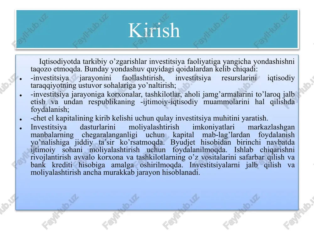kengaytirishga, rekonstruksiyaga va faoliyat ko’rsatayotgan korxonalarni texnik qayta jihozlashga, uskunalar, inventarlar, loyihaviy mahsulotlar sotib olishga sarf-xarajatlarni mujassamlashtiradi. iqtisodiy fanlar va amaliyot “investitsiya” va “kapital qo’yilma” terminlari bir xil tushuncha emasligini, ya’ni sinonim so’zlar emasligini ta’kidlaydi. investitsiyalar kapital qo’yilmaga nisbatan keng mazmunli, qamrovli tushunchadir. g’arb adabiyotlarida investitsiyalar borasida so’z yuritilganda asosiy e’tibor fond bozoriga qaratiladi, chunki rivojlangan mamlakatlarda investitsiyalar asosan qimmatli qog’ozlar yordamida amalga oshiriladi. investitsiyalar” atamasi lotin tilidagi “invest” so’zidan kelib chiqqan bo’lib “qo’yish”, “mablag’ni safarbar etish” ma’nosini beradi. keng ma’noda investitsiyalar ko’paytirib qaytarib olish maqsadlarida kapitalni bog’lashni bildiradi. ko’pgina hollarda “investitsiyalar” tushunchasi iqtisodiy va boshqa faoliyat ob’ektlariga kiritiladigan moddiy va nomoddiy ne’matlar hamda ularga doir huquqlar tarzida ta’riflanadi. “chet el investitsiyalari” tushunchasiga ta’rif berishda ham xuddi shu ma’no nazarda tutiladi, lekin bu o’rinda ularning qonuniy huquqliligi va maqsadiga ko’proq urg’u beriladi. o’zbekiston respublikasining “chet el investitsiyalari to’g’risida”gi qonunida o’zbekiston respublikasi hududida chet ellik investorlar tomonidan qonun hujjatlariga zid bo’lmagan …