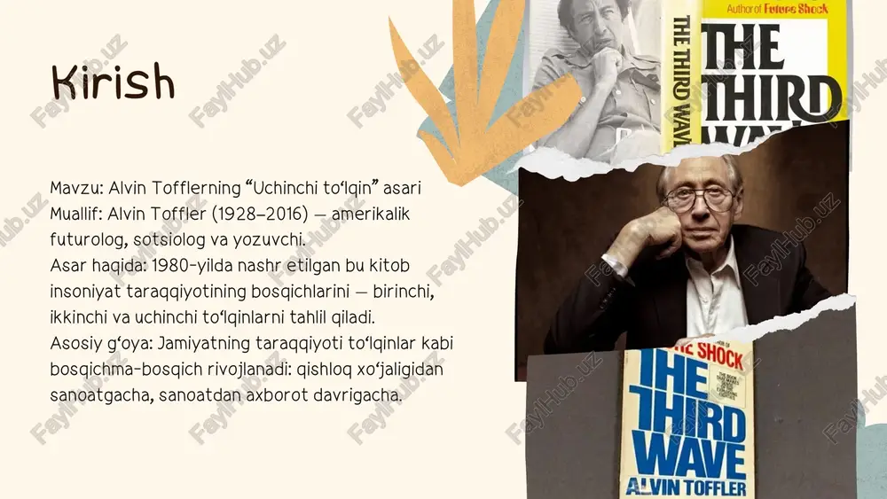 iga ega. natija: jamiyat “bilim iqtisodiyoti” bosqichiga o‘tdi. tofflerning “to‘lqin modeli” toffler har bir to‘lqinni o‘tgan to‘lqinning inkori va davomi sifatida ko‘radi. birinchi to‘lqin: yerga bog‘liq iqtisodiyot. ikkinchi to‘lqin: mashina asosidagi sanoat. uchinchi to‘lqin: axborot va tarmoqlar iqtisodiyoti. ularning birgalikda mavjudligi “transtsivilizatsion ziddiyat”ni tug‘diradi — eski tizim yangi bilan to‘qnashadi. ish joylari avtomatlashtirildi. robotlar, sun’iy intellekt va raqamli tarmoqlar paydo bo‘ldi. an’anaviy ishlab chiqarish sektori qisqarib, xizmat ko‘rsatish sohasi kengaydi. toffler bashorati: “kelajakda eng muhim resurs — inson tafakkuri bo‘ladi.” texnologik o‘zgarishlarning jamiyatga ta’siri uchinchi to‘lqin davrida inson hayotining eng muhim ijtimoiy institutlaridan biri bo‘lgan oila va jamiyat tuzilmasida tub o‘zgarishlar yuz berdi. alvin toffler bu jarayonni “oilaviy inqilob” deb ataydi. sanoat davrida shakllangan an’anaviy oila modeli — ya’ni erkakning ishlab chiqarishda, ayolning esa uy-ro‘zg‘or ishlarida faol bo‘lishi — asta-sekin o‘z ahamiyatini yo‘qota boshladi. axborot texnologiyalari, masofaviy ta’lim va onlayn mehnat tizimining kengayishi tufayli ayollar ham iqtisodiy va ijtimoiy hayotning …