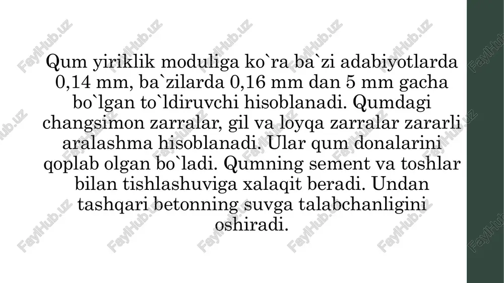 5 mm li elakdan o`tgan namunadan 1000 gr olinadi va elak ko`zlari o`lchami kamayishiga qarab muayyan tartibda ustma-ust o`rnatiladi. bunda ko`zlari dumaloq, diametri mm bo`lgan elak eng ustida bo`ladi va 1,25; 0,63; 0,315; 0,14 mm li elaklar o`rnatiladi. g`alvirlardan toza qog`ozga 1 daqiqada tushgan qum miqdori namuna umumiy massasining 0,1 % dan oshmasa nihoyasiga yetgan hisoblanadi. har bir g`alvirda qolgan qoldiqlar % da hisoblanadi. chaqiqtosh - qattiqligi jihatidan tog` jinslarining yirik bo`laklarini chaqib, maydalash bilan olinadigan materialdir. qirraligi tufayli sement bilan yaxshi tishlashadi. shag`al - pishiq tog` jinslarining tabiiy ravishda yemirilishi tufayli hosil bo`lgan va donalari dumaloq materialdir. to`kma zichlik lov varonkasi yordamida aniqlanadi. haqiqiy zichlik deb, tabiiy holatdagi materialning hech qanday g`ovaklarsiz, bo`shliqlarsiz holatidagi zichligiga aytiladi. haqiqiy zichlik le-shatele hajm o`lchagichi yordamida aniqlanadi. betonga materiallar sarfini hisoblash, yirik to`ldiruvchilar orasidagi bo`shliqlar hajmini aniqlash, omborxonalarni loyihalash uchun to`kma zichlik aniqlanadi. to`kma zichlik o`lchov silindrida aniqlanadi. uning hajmi to`ldiruvchining o`lchamiga bog`liq: …