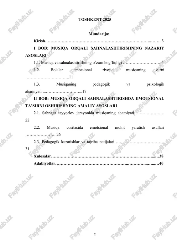 ohangi va tempining to‘g‘ri tanlanishi bolalarning kayfiyatiga, obrazni his etishiga hamda sahnada o‘zini erkin tutishiga bevosita ta’sir ko‘rsatadi. musiqa orqali sahna obrazlariga jon kiritish bolalarda ijobiy his-tuyg‘ularni kuchaytiradi, o‘ziga ishonch, ijodiy ifoda va jamoada ishlash ko‘nikmalarini shakllantiradi. musiqa — bu faqat estetik nafosat vositasi emas, balki tarbiyaviy ahamiyatga ega kuchli pedagogik vositadir. u bolaning ruhiy kechinmalariga bevosita ta’sir qilib, uning hissiy tajribasini boyitadi, ijobiy emotsional muhitni yaratadi. musiqa orqali bolalar nafaqat kuylash yoki raqsga tushishni, balki voqealarga nisbatan o‘z munosabatini ifoda etishni, obrazli fikrlashni va his qilishni o‘rganadilar. mazkur mavzuning dolzarbligi shundan iboratki, hozirgi ta’lim jarayonida bolalarda emotsional sezgirlikni oshirish, ularni his-tuyg‘ularini ifoda etishga o‘rgatish muhim pedagogik vazifalardan biridir. shuning uchun musiqani sahnalashtirish jarayoniga to‘g‘ri uyg‘unlashtirish, bolalarning emotsional rivojini rag‘batlantirish, ularda badiiy-estetik didni shakllantirish pedagoglar oldida turgan dolzarb masalalardan biri bo‘lib qolmoqda. shu bois ushbu kurs ishida musiqa orqali sahnalashtirish mashg‘ulotlarining emotsional ta’siri, uning pedagogik va psixologik ahamiyati, shuningdek, bolalarning …