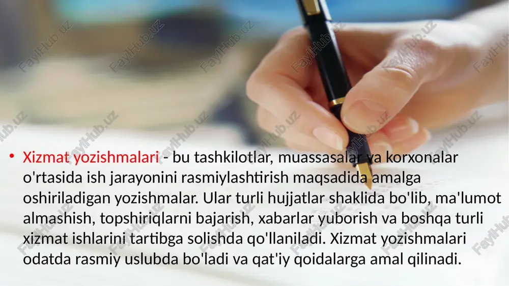 xati darsliklar bilan ta’minlash haqida “o‘qituvchi” nashriyot-matbaa ijodiy uyi oquvchilar uchun o‘zbek tilida quyidagi darsliklarni chiqarilganini sizga ma’lum qiladi: “moliyaviy matematika” – 1-kurslar uchun “o’zbekistonning eng yangi tarixi” – 2-kurslar uchun “boshqaruv jarayonida hujjatlar ta’minoti” – 3-kurslar uchun ushbu darslik va kitoblarni yetkazib berish uchun tegishli nusxada buyurtmalarni yetkazib berish uchun tegishli nusxada buyurtmalar qabul qilinadi. ulgurji xaridorlarga darsliklarni sotib olishda chegirma beriladi. axborot xati da’vo xati ma’lum bir muassasaning boshqa bir idora yoki transport tashkilotlarga nisbatan talab va e’tirozlari bayon qilingan xatlar – da’vo xatlari (reklamatsiya) yoki da’vonomalar deb yuritiladi. da’vo xatlari tovar yetkazib berish, qurilish ishlari, ijara, yuk tashish va shu kabi bir qancha ishlar bo‘yicha tuzilgan shartnomalar bajarilmay qolganda, o‘z qonuniy huquqlarini va manfaatlarini himoya qilish maqsadida tuziladi. 1. da’vo qiluvchi muassasa nomi va manzili. 2. xatning yozilish sanasi va tartib raqami 3. da’voni qabul qiluvchi muassasa nomi va manzili 4. da’vo bahosi 5. xat matni. 6. …