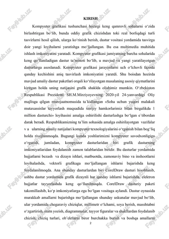 dxonligiga o‘rgatish, jumladan, kompyuter dasturlaridan biri grafik dasturning imkoniyatlaridan foydalanish zamon talablaridan biridir. bu dasturlar yordamida hujjatlarni bezash va dizayn ishlari, matbuotda, zamonaviy bino va inshootlarni loyihalashda, vektorli grafikaga mo‘ljallangan ishlarni bajarishda keng foydalanilmoqda. ana shunday dasturlardan biri coreldraw dasturi hisoblanib, ushbu dastur yordamida grafik dizaynli har qanday ishlarni bajarishda, elektron hujjatlar tayyorlashda keng qo‘llanilmoqda. coreldraw dasturiy paketi takomillashib, ko‘p imkoniyatlarga ega bo‘lgan vositaga aylandi. dastur oynasida murakkab amallarni bajarishga mo‘ljallangan shunday uskunalar mavjud bo‘lib, ular yordamida chegaraviy chiziqlar, millimetr o‘lchami, soya berish, masshtabni o‘zgartirish, matn yozish, diagrammalar, tayyor figuralar va shakllardan foydalanib chizish, chiziq turlari, ob’ektlarni biror burchakka burish va boshqa amallarni mukammal bajarish mumkin. coreldraw fazoviy figuralar va tekislikdagi shakllarni tasvirlovchi dastur hisoblanib, kompyuter grafik imkoniyatlarining deyarli barcha jihatlarini ochib beradi. dastur uch o‘lchamli fazoda ish olib borishga mo‘ljallangan. u yordamida bino va inshootlarning old va orqa ko‘rinishlari – bosh fasad, hovli fasadi, yon fasadlari, ustki ko‘rinishining planini …