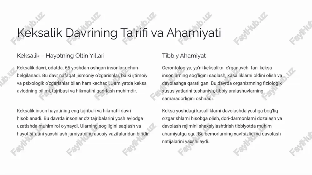 a ta’sir qiladi. genetik va molekulyar o'zgarishlar dnk shikastlanishi, telomerlarning qisqarishi va oqsil sintezidagi buzilishlar keksalikning asosiy molekulyar mexanizmlaridan hisoblanadi. bu o‘zgarishlar organizmning qarishiga olib keladi. organlar funksiyasining pasayishi barcha organlar va tizimlarda, jumladan yurak, o‘pka, buyraklar va asab tizimida funksional pasayish kuzatiladi. bu holat organizmning stressga chidamliligini kamaytiradi. 1.7.2013 3 ‹#› kardiovaskulyar tizimdagi o'zgarishlar yurak o'lchami va funksiyasi keksalikda yurakning chap qorinchasi devori qalinlashadi (gipertrofiya), ammo uning nasos funksiyasi o‘zgarishsiz qolishi mumkin. yurak xuddi shunday hajmdagi qonni hayday oladi, ammo bu unga ko'proq kuch talab qiladi. qon tomirlarining elastikligi arteriyalar qattiqlashadi va elastikligini yo‘qotadi, bu esa sistolik qon bosimining oshishiga olib keladi. ateroskleroz rivojlanishi xavfi ortadi, bu esa yurak xuruji va insult xavfini oshiradi. qon bosimining tartibga solinishi baroretseptorlarning sezgirligi pasayishi tufayli qon bosimini tartibga solish qobiliyati yomonlashadi. bu ortostatik gipotoniya (turgan paytda bosh aylanishi) xavfini oshiradi. 1.7.2013 4 ‹#› nafas olish tizimidagi o'zgarishlar o'pka elastikligi o‘pka to‘qimalarining elastikligi …