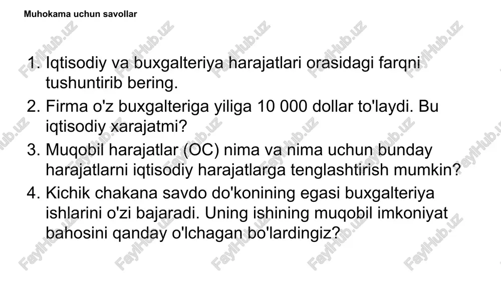 , o’zgaruvchi va umumiy harajatlar orasidagi farqni tushuntiring. vaqt omilini hisobga olgan holda o’zgarmas harajatlar qanday bo’lishini tushuntiring va misollar keltiring. o’zgarmas va g’arq bo’lgan harajatlar orasidagi farqni tushuntiring. marjinal va o’rtacha harajatlarni tushuntiring va ularni matematik formula ko’rinishida ifodalang. o’zgarmas harajatlar marjinal harjatlarga qanday ta’sir qiladi? javobingizni tushuntiring. muhokama uchun savollar mehnat (l) ishlab chiqarish jarayonida yagona o'zgaruvchi deb tasavvur qiling. agar ishlab chiqarishning marjinal xarajati ko'proq mahsulot ishlab chiqarish bilan kamayib borayotgan bo'lsa, mehnatning marjinal samaradorligi haqida nima deya olasiz? 8 masalalar va ularning tadbiqi – 2 jadvalni to’ldiring ishlab chiqarish (dona) o’zgarmas harajatlar ($) (fc) o’zgaruvchan harajatlar ($) (vc) umumiy harajatlar ($) (tc) marjinal harajatlar ($) (mc) o’rtacha o’zgarmas harajatlar ($) (afc) o’rtacha o’zgaruvchan harajatlar ($) avc o’rtacha jami harajat ($) (atc) 0 ? ? 100 -- -- -- -- 1 ? ? 125 ? ? ? ? 2 ? ? 145 ? ? ? ? 3 …