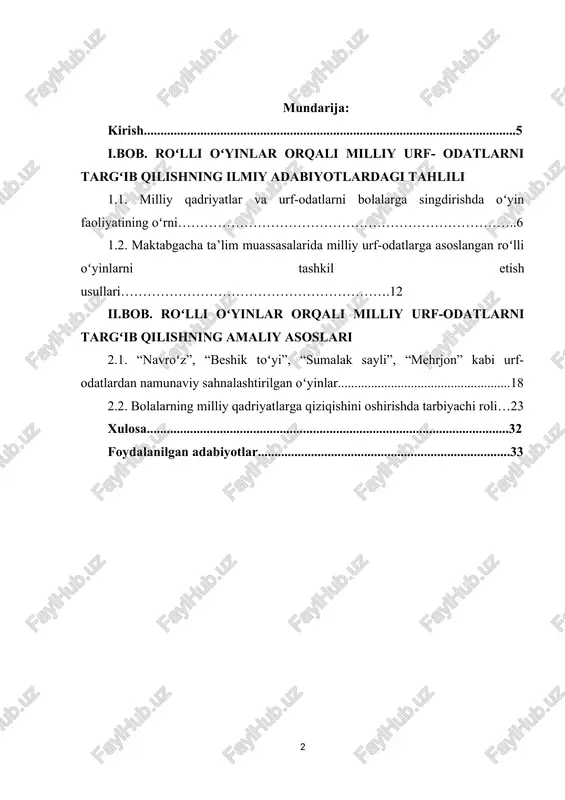 i bolalarning ilk ijtimoiy ko‘nikmalarini, milliy ruhini va estetik didini shakllantiruvchi eng muhim bosqich hisoblanadi. maktabgacha yoshdagi bolalar uchun ta’lim-tarbiya jarayoni o‘yin faoliyati orqali samaraliroq kechadi. chunki o‘yin bolaning tabiiy ehtiyoji bo‘lib, u orqali bola atrofdagi hayotni o‘ziga xos tarzda aks ettiradi, turli ijtimoiy rollarni sinab ko‘radi, o‘zini jamiyat a’zosi sifatida his eta boshlaydi. ayniqsa, roʻlli oʻyinlar bolalarda kuzatuvchanlik, ijodkorlik, mustaqillik, ijtimoiy moslashuv kabi fazilatlarni shakllantirish bilan birga, ularni milliy urf-odat va qadriyatlarga hurmat ruhida tarbiyalaydi.roʻlli oʻyinlar orqali “navroʻz”, “sumalak sayli”, “beshik to‘yi”, “mehrjon”, “sunnat to‘yi” kabi milliy marosimlarni o‘yin shaklida bolalarga tanishtirish ularning o‘z xalqining madaniyatiga mehr uyg‘otadi. shu sababli roʻlli oʻyinlar vositasida milliy urf-odatlarni targʻib qilish maktabgacha ta’lim jarayonida dolzarb pedagogik masala sanaladi. mazkur kurs ishining dolzarbligi shundaki, u maktabgacha yoshdagi bolalarni milliy qadriyatlarga hurmat ruhida tarbiyalashda o‘yin faoliyatining imkoniyatlarini ilmiy asosda yoritadi hamda tarbiyachilar uchun amaliy tavsiyalar ishlab chiqishga xizmat qiladi. bugungi kunda ta’lim tizimida yosh avlodni …