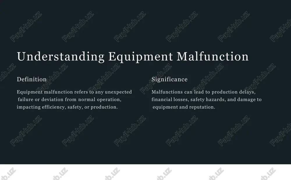 ce report the malfunction to the appropriate maintenance team for assessment. case studies: realq world examples 1 industrial machinery failure a conveyor belt system in a factory halted due to a broken bearing; leading to production delays. 2 medical equipment glitch a software error in a medical imaging machine caused inaccurate results; delaying diagnosis and treatment. consequences of equipment malfunction 1 downtime production halts, delays, and loss of efficiency. 2 financial losses repair costs, lost revenue, and potential penalties. 3 safety hazards accidents, injuries, and potential damage to equipment and property. preventive maintenance: key to reliability 1 regular inspections routine checks to identify potential issues early on. 2 scheduled servicing regular maintenance and cleaning to extend equipment life. 3 part replacement replacing wornqout parts before they fail to prevent malfunctions. technology's role in prevention 1 iot sensors real-time monitoring of equipment health and early detection of anomalies. 2 predictive maintenance …