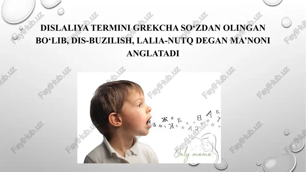 i. funksional dislaliya va uning sabablari funksional dislaliyada pereferik nutq apparatining artikulyatsion qismida hech qanday organik buzilishlar, kamchiliklar kuzatilmaydi. dislaliya bolalarda taqlid asosidaham yuzaga ha yuzaga kelishi mumkin. tovushlar talaffuzi hali yetarli, to‘g‘ri shakllanmagan kichik yoshidagi bolalar bilan, tili chuchuk yoki noaniq, tez shoshib gapiradigan kishilar bilan doimo muloqatda bo‘lishi bola nutqiga salbiy ta’sir ko‘rsatadi. ko‘pincha bola oilada tovushlarni noto‘g‘ri talaffuz etuvchi kishi nutqiga taqlid etadi. bu esa funksional dislaliyaga sabab bo‘ladi. oiladagi ikki tillilik, pedagogik qarovsizlikham funksional dislaliyaga sabab bo‘ladi. bunda tovushlarga e’tibor bermaslik, boladagi kamchiliklarni to‘g‘rimasliklari, to‘g‘ri va aniq talaffuz namunalarini bermaslik hollari kuzda tutiladi. fonematik eshitishning yaxshi rivojlanmaganligi bolalarda tovushlar talaffuzidagi kamchiliklarni keltirib chiqaruvchi sabablardan biridir. bu holda tovushlar differensiyasi (tovushlarni farqlash) qiyinlashadi. bolalar asosan bir-biriga o‘xshash: jarangli-jarangsiz, sirg‘aluvchi va shovqinli tovushlarni ajrata olmaydilar. bu qiyin­chi­liklar natijasida tovushlarning to‘g‘ri talaffuzi uzoq vaqtga cho‘zilib ketadi. shu bilan birga, tovushlar talaffuzidagi kamchiliklar, ayniqsa tovushlarni almashtirish hollari, o‘z navbatida, fonematik …