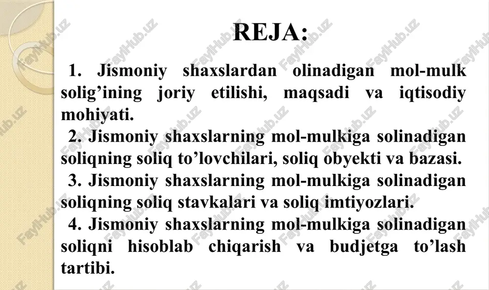 va yuk avtomobillari 1 250 000 mulkida soliq qonunchiligiga muvofiq soliq solish ob’ekti deb tan olinadigan mol-mulki bo’lgan jismoniy shaxslar, shu jumladan chet el fuqarolari, agar o’zbekiston respublikasining xalqaro shartnomalarida boshqacha qoida nazarda tutilmagan bo’lsa, shuningdek yuridik shaxs tashkil etgan holdagi yoki etmagan holdagi dehqon xo’jaliklari jismoniy shaxslardan olinadigan mol-mulk solig’ining soliq to’lovchilari deb e’tirof etiladi. agar mol-mulk mulkdorining joylashgan yerini aniqlash imkoni bo’lmasa, shuningdek ko’chmas mulk mulkdori vafot etgan taqdirda, bu mulk qaysi shaxsning egaligida va foydalanishida bo’lsa, o’sha shaxs soliq to’lovchi deb e’tirof etiladi. o’zbekiston respublikasi hududida joylashgan quyidagi mol-mulk jismoniy shaxslardan olinadigan mol-mulk solig’ining soliq solish ob’ekti hisoblanadi. 1) uy-joylar, kvartiralar, dala hovli imoratlari; 2) tadbirkorlik faoliyati va daromad olish uchun mo’ljallangan yashash uchun mo’ljallanmagan ko’chmas mulk ob’ektlari; 7 o’zbekiston respublikasi hududida joylashgan quyidagi mol-mulk jismoniy shaxslardan olinadigan mol-mulk solig’ining soliq solish ob’ekti hisoblanadi. 3) qurilishi tugallanmagan yashash uchun mo’ljallanmagan ob’ektlar. qurilishi tugallanmagan yashash uchun mo’ljallanmagan ob’ektlarga …
