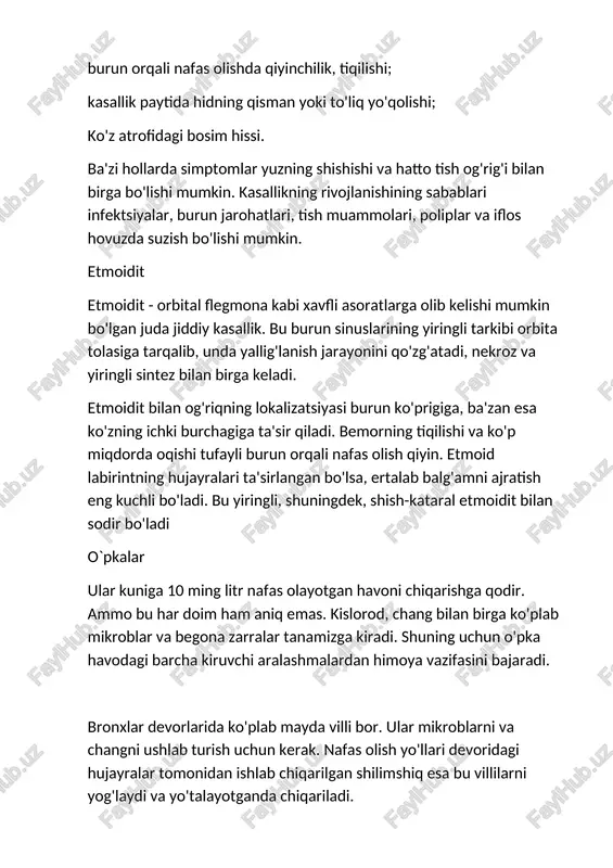 etmoidit bilan og'riqning lokalizatsiyasi burun ko'prigiga, ba'zan esa ko'zning ichki burchagiga ta'sir qiladi. bemorning tiqilishi va ko'p miqdorda oqishi tufayli burun orqali nafas olish qiyin. etmoid labirintning hujayralari ta'sirlangan bo'lsa, ertalab balg'amni ajratish eng kuchli bo'ladi. bu yiringli, shuningdek, shish-kataral etmoidit bilan sodir bo'ladi o`pkalar ular kuniga 10 ming litr nafas olayotgan havoni chiqarishga qodir. ammo bu har doim ham aniq emas. kislorod, chang bilan birga ko'plab mikroblar va begona zarralar tanamizga kiradi. shuning uchun o'pka havodagi barcha kiruvchi aralashmalardan himoya vazifasini bajaradi. bronxlar devorlarida ko'plab mayda villi bor. ular mikroblarni va changni ushlab turish uchun kerak. nafas olish yo'llari devoridagi hujayralar tomonidan ishlab chiqarilgan shilimshiq esa bu villilarni yog'laydi va yo'talayotganda chiqariladi. surunkali bronxit tarqalishi boʻyicha bronxit yalligʻlanish jarayonining turiga koʻra mahalliy yoki diffuz boʻladi – kataral yoki shilliq-yiringli. u obstruktiv va obstruktiv bo'lmagan, tabiatda atrofik, polipli, deformatsiya qiluvchi bo'lishi mumkin. astma turlarbir nechta bronxial astma mavjud: bu atopik …