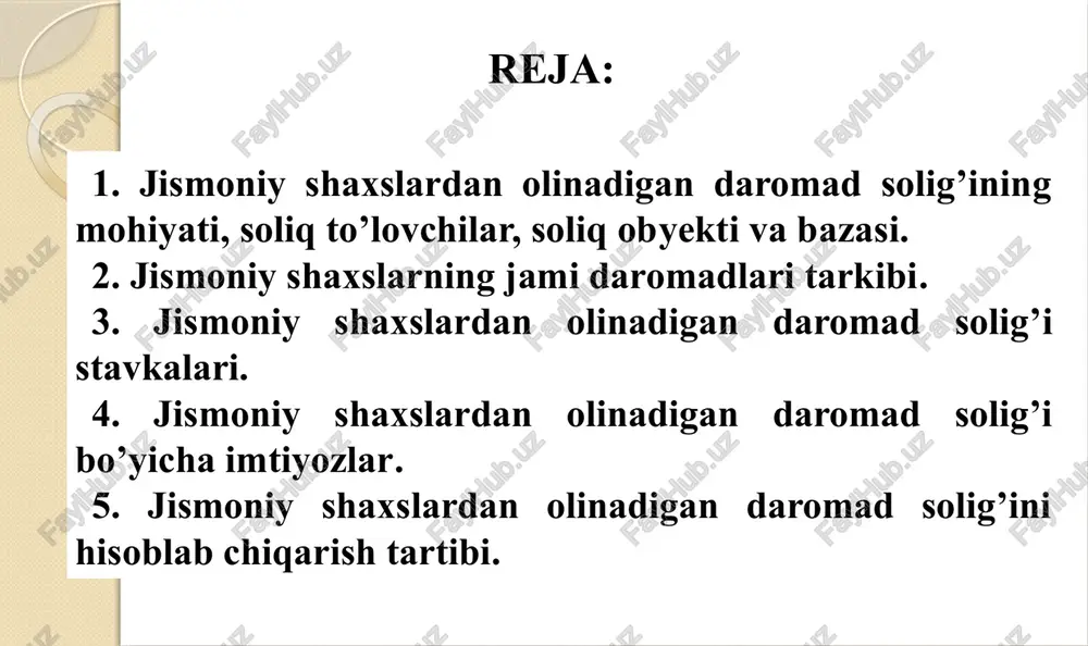 milliy valyutaga qayta hisob-kitob qilinadi. turli soliq stavkalari bo’yicha solinadigan soliq bazasi alohida aniqlanadi. soliq bazasi soliq davri boshidan e’tiboran o’sib boruvchi yakun bilan aniqlanadi. agar soliq to’lovchining daromadidan uning o’z farmoyishiga, sudning yoki boshqa organlar va tashkilotlarning qaroriga ko’ra ushlab qolishlar amalga oshirilsa, bunday ushlab qolishlar soliq bazasini kamaytirmaydi. 6 7 quyidagilar jami daromad tarkibiga kiritilmaydi: 1) o’zbekiston respublikasining davlat mukofotlariga va davlat pul mukofotlariga sazovor bo’lgan soliq to’lovchi olgan bir yo’la beriladigan davlat pul mukofoti yoki shunga teng bahodagi esdalik sovg’alarining qiymati, shuningdek o’zbekiston respublikasi prezidentining yoki o’zbekiston respublikasi vazirlar mahkamasining qarori asosida bir yo’la beriladigan pul mukofoti va sovg’alar. 2) donorlik uchun pul mukofotlari, shuningdek tibbiyot muassasalarining xodimlari tomonidan qon olganlik uchun olinadigan summalar. 3) olingan alimentlar. 4) fuqarolar tomonidan olinadigan sug’urta tovoni summalari. 7 5) qonun hujjatlarida belgilangan miqdorlarda va tartibda to’lanadigan stipendiyalar. 6) qonun hujjatlariga muvofiq uy-joy-kommunal xizmatlar haqini to’lash bo’yicha har oylik kompensatsiya pul …