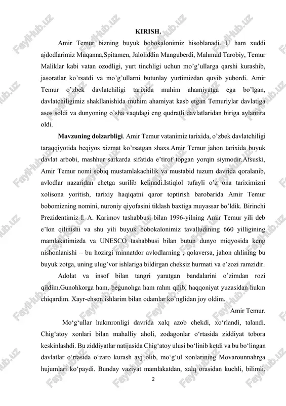 jahon ahlining bu buyuk zotga, uning ulug’vor ishlariga bildirgan cheksiz hurmati va e’zozi ramzidir. adolat va insof bilan tangri yaratgan bandalarini o’zimdan rozi qildim.gunohkorga ham, begunohga ham rahm qilib, haqqoniyat yuzasidan hukm chiqardim. xayr-ehson ishlarim bilan odamlar ko’nglidan joy oldim. amir temur. mo‘g‘ullar hukmronligi davrida xalq azob chekdi, xo‘rlandi, talandi. chig‘atoy xonlari bilan mahalliy aholi, zodagonlar o‘rtasida ziddiyat tobora keskinlashdi. bu ziddiyatlar natijasida chig‘atoy ulusi bo‘linib ketdi va bu bo‘lingan davlatlar o‘rtasida o‘zaro kurash avj olib, mo‘g‘ul xonlarining movarounnahrga hujumlari ko‘paydi. bunday vaziyat mamlakatdan, xalq orasidan kuchli, bilimli, irodali, vatanparvar, elparvar bir shaxsning chiqishini,bu shaxs yurtni ozod etib, uni birlashtirib, xalqni taraqqiyot sari yetaklovchilik rolini bajarishini taqozo etayotgan edi.xx asming 60-yillari oxirida 0 ‘zbekistonning taniqli faylasuf olimi ibrohim mo‘minov “amir temuming 0 ‘rta osiyo tarixida tutgan o‘rni” nomli risola yozib, temurning shu yurtga va xalq uchun qilgan xizmatlariga yuksak baho bergan edi. buning uchun o‘sha davrdagi hukmron hukumat muallifning keyingi …