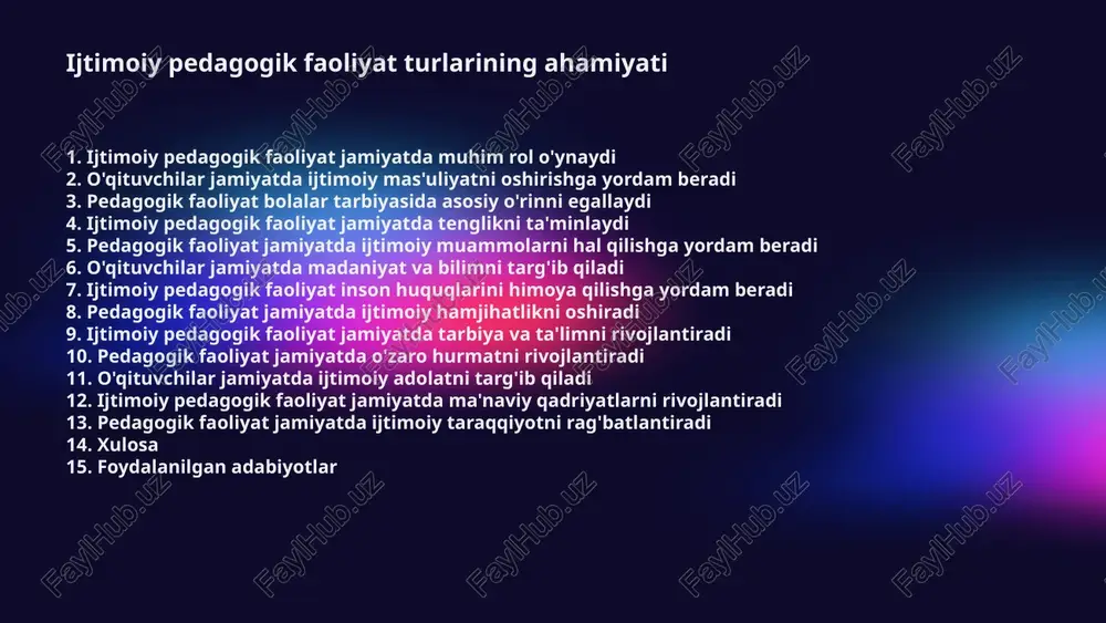 'z darslarida odob, jamiyatga hurmat kabi ijtimoiy qadriyatlarni kiritish orqali yoshlarni mas'uliyatli hayotga yo'naltiradi. namuna ko'rsatish orqali tarbiya o'qituvchilar o'z xulq-atvori orqali talabalar uchun namunali obraz bo'lib, jamiyatda mas'uliyatni oshirishga yordam beradi. uzluksiz ta'lim asosida rivojlanish jamiyatda mas'uliyatni oshirish uchun o'qituvchi doimiy ravishda o'z kasbiy malakasini oshiradi, ilg'or metodlarni qo'llaydi. 4 pedagogik faoliyat bolalar tarbiyasida asosiy o'rinni egallaydi pedagogik faoliyat insonning shaxs sifatida shakllanishida muhim ahamiyatga ega. bu jarayonda bolalarning bilim olishi, axloqiy fazilatlari va amaliy ko'nikmalari rivojlanadi. pedagogik faoliyat mohiyati pedagogik faoliyat insonning shaxs sifatida shakllanishida muhim ahamiyatga ega. bu jarayonda bolalarning bilim olishi, axloqiy fazilatlari va amaliy ko'nikmalari rivojlanadi. bolalar tarbiyasidagi asos bolalar tarbiyasida pedagogik jarayon asosiy o'rin egallaydi. u ongli fikrlash, o'zini tuta bilish, insonparvarlik kabi xislatlarni rivojlantirishga yordam beradi. majburiyat va mas'uliyat o'qituvchilar, ota-onalar va jamiyat bolalarni tarbiyalashda umumiy mas'uliyatni his qilishlari kerak. hamkorlikda ishlash muvaffaqiyat kalitidir. matnning joylashuvi va o'lchami doirani // e'tibor bering: matnning …