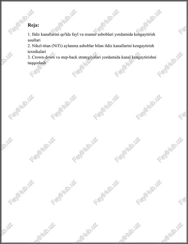 oq va chuqurroq kengaytirishni ta'minlaydi. reamerlar ko'proq metall shlank shaklida bo'lib, kanal devorlarini tekislash va terini olib tashlashda qo'llaniladi. ular ildiz kanallarini maksimal kengaytirish uchun ishlatiladi hamda kanalning tekisligi va tozaligini ta'minlaydi. reamerlar ilgari fayllar bilan kengaytirilgan kanallarni keyingi darajada shakllantirish va tayyorlashda ishlatiladi. ildiz kanallarini fayl va reamerlar yordamida kengaytirish usullari to'g'ri va diqqat bilan amalga oshirilishi kerak. bu esa tishdagi infektsiyani to'g'ri bartaraf etishga yordam beradi va bemorning og'riq his qilish ehtimolini kamaytiradi. fayl va reamer bilan ishlashda tuzarishga qaratilgan strategiya, tishning konfugiratsiyasi va shikastlanish darajasiga muvofiq tanlanadi. shi faxrli natijaga erishish uchun dentistlar turli fayl va reamer texnikalarini ishlab chiqishgan. bu texnikalar tishning tabiiy anatomiyasini iloji boricha saqlab qolishga va bir vaqtning o'zida ichki qismini to'liq tozalashga mo'ljallangan. bu usullar orasida step-back (orqaga qadam) texnikasi, crown-down (tepadan-pastga) texnikasi va hybrid (gibrid) texnikasi kabi yondashuvlar mavjud. step-back texnikasi asta-sekin chuqurlashib, ildiz kanallarini tozalash uchun fayllarni yuqoridan pastga harakat …