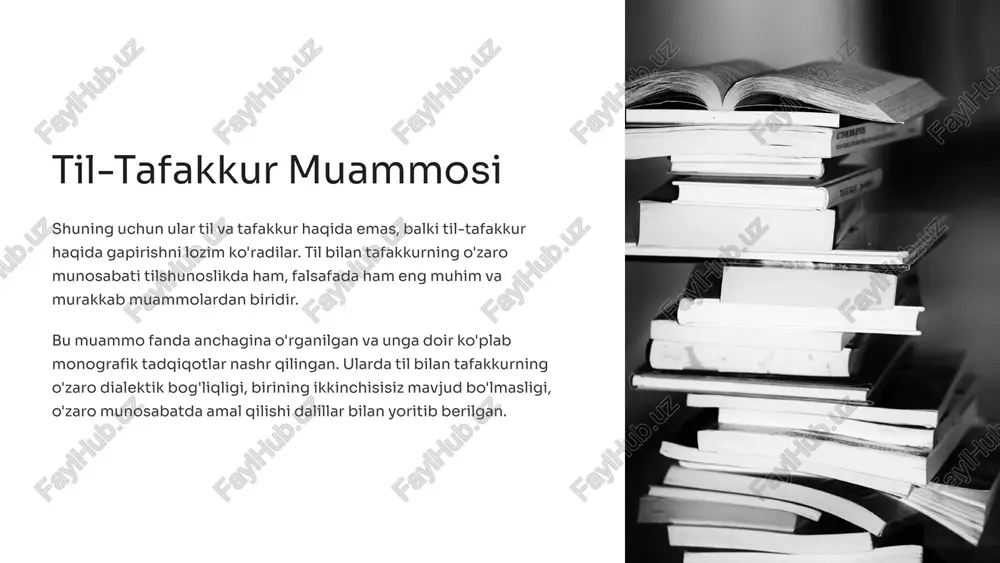 timoiy ongga aylanadi. har qanday g'oyaviy hodisa kabi tafakkur ham ob'ektiv va moddiy hodisa tufayli amal qiladi. bunday ob'ektiv va moddiy qobig' tildir. 6 v.gumboldt nazariyasi "til xalq ruhining tashqi ko'rinishidir, – degan edi v.gumboldt, – xalqning tili uning ruhidir, xalqning ruhi esa uning tilidir – bularda o'xshagan boshqa qandaydir ikki narsaning bir-biriga bunchalik o'xshashligini tasavvur qilish qiyin." nemis faylasufi tilshunosi v.gumboldt ta'rificha, til bir butun ruhdan iborat. shuning uchun u ruh qonunlari asosida taraqqiy qiladi. demak, tilning istiqboli ruhning istiqboliga bog'liq. 7 n.ya.marr ta'limoti akademik n.ya.marr ham o'z ta'limotida til bilan tafakkurni bir-biridan ajratib qo'yar edi. "til, – degan edi n.ya.marr, – tovushlarda zuhur etgani uchungina mavjuddir. tafakkur zuhur etmasdan ham amal qilaveradi... bo'lajak til – tabiiy materiyadan xoli bo'lgan, texnikada o'sib borayotgan tafakkurdir." bu mutlaqo noto'g'ri ta'limotdir. hech qanday til, hatto har holda tabiat mezonlariga bog'liq bo'lgan tovush tili ham tafakkurga bardosh berolmaydi [n.ya.marr, 1931: 62]. 8 haqiqiy …