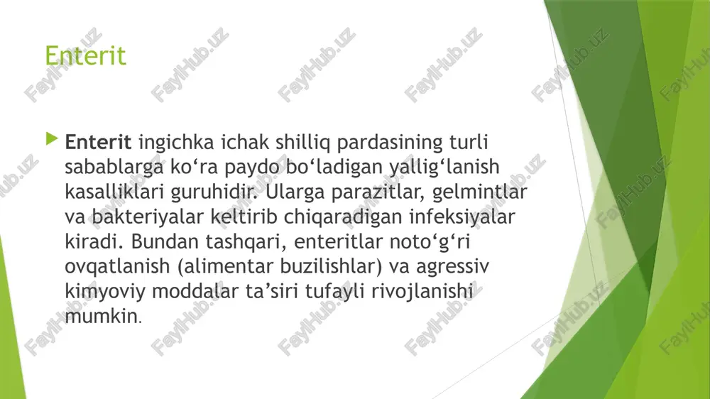 i: anemiya, osteoporoz, vazn yo‘qotish, distrofiya. o’tkir enteritni davolash o‘tkir enteritni davolash statsionarda olib boriladi. yog‘lar va uglevodlarni cheklaydigan parhez, ko‘p ichimlik ichish, gidratatsiya, yotoq tartibi va simptomatik terapiya buyuriladi. disbakteriozda probiotiklar qo‘llaniladi. og‘ir holatlar polipeptid eritmalarini talab qiladi. surunkali enterit kasalxonada davolanadi. absorbsiyani rag‘batlantirish (nitrong), membranalarni tiklash (essensiale), motorikani nazorat qilish (imodium), shuningdek, diareyada probiotiklar va antiseptiklar ishlatiladi.oqsil tanqisligi aminokislotalar infuziyasi bilan, o‘smalarda esa jarrohlik yo‘li bilan davolanadi. oldini olish enteritlar profilaktikasi ratsional ovqatlanish, gigiyenaga rioya qilish, mahsulotlarga puxta ishlov berish, shubhali mahsulotlar (zamburug‘lar, rezavorlar) dan voz kechish va dorilarni faqat buyurilganidek ehtiyotkorlik bilan qabul qilishni o‘z ichiga oladi. oshqozon-ichak tizimi kasalliklari, metabolik va endokrin buzilishlarni o‘z vaqtida aniqlash va davolash muhimdir. surunkali enteritda 4-parhez buyuriladi. ovqat oqsillarga boy, yog‘lar va uglevodlar cheklangan bo‘lishi kerak. ichak shilliq qavati ta’sirlanishining oldini olish uchun dag‘al, o‘tkir, nordon ovqat, kletchatka va sut iste’mol qilinmaydi. yog‘lar va uglevodlar miqdori asta-sekin ortib boradi. remissiya …