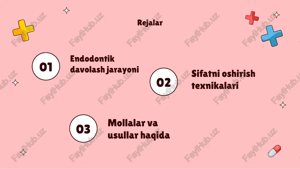 ik protseduralar tavsifi endodontik protseduralar, tishning ichki qismini davolash uchun muhimdir. sifatni oshirish usullari bu jarayonlarning samaradorligini ta'minlaydi. tadqiqotlar shuni ko'rsatadiki, yuqori texnologiyalar, to'g'ri diagnostika va tajribali mutaxassislar yordamida endodontik davolash kuchayadi. bu jarayonlar bemorlar uchun og'riqsiz va samarali bo'lishiga yordam beradi. misol uchun, raqamli radiografiya yordamida yaxshi tasvir olish jarayonni osonlashtiradi va xatolarni kamaytiradi. natijada, davolashdan so'ng bemorlarning qoniqishi oshadi va qaytish ehtimoli kamayadi. materiallar va jihozlarni tanlash materiallar tanlovi jihozlar tanlovi endodontik davolashda foydalaniladigan materiallar yuqori sifatli bo'lishi kerak. ular bemorning sog'lig'ini va davolash samaradorligini oshiradi. zamonaviy jihozlar eng yuqori aniqlikda davolash jarayonini ta'minlaydi. ular nisbatan kam noqulaylik bilan osonlik bilan ishlatilishi kerak. davolash jarayonida sifat nazorati jarayon nazorati sifatni baholash xatoliklarni kamaytirish davolash jarayonida muntazam nazorat qilish, har bir bosqichning sifatini ta'minlaydi. tashqi va ichki nazorat usullari qo'llanilishi mumkin. sifatni baholash uchun ko'plab indikatorlar, jumladan, davolash natijalari va bemor qoniqishi ishlatiladi. ular sifatli tahlil va baholashni ta'minlaydi. …
