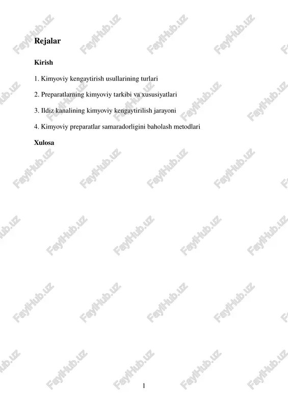 igi aniqlangach joriy etildi. dastlabki davrlar stomatologlar elektromexanik vositalar yordamida kanallarni kengaytirishga harakat qilishgan, biroq bu usullar kanaldagi nozik joylarga yetib borishda ko’plab qiyinchiliklarga duch kelgan. xx asrning o’rtalarida kimyoviy preparatlar bilan tozalash va kengaytirish texnologiyasi rivojlanib, laboratoriya tajribalari asosida turli eritmalar ishlab chiqildi va amaliyotga kiritildi. bu davrda natriy gipoklorit va edta eritmalari keng qo’llanila boshlandi, bu esa ildiz kanalining samarali dezinfeksiyasi va tozaligi uchun yangi imkoniyatlar yaratdi. bugungi kunda bu usullar stomatologiyada standart hisoblanadi va doimiy takomillashib bormoqda. 2 1. kimyoviy kengaytirish usullarining turlari ildiz kanallarini kimyoviy usulda kengaytirish zamonaviy stomatologiyada muhim bosqichlardan biridir. bu jarayonningmaqsadi—kanal ichidagi toshmalar, yallig’lanish oqibatida yuzaga kelgan yelimli yoki yog’li modda qoplamalarini olib tashlash hamda kanal diametrini kerakli darajada kengaytirishdir. buning uchun turli kimyoviy preparatlar va eritmalar qo’llaniladi, ular ildiz kanalining devorini yumshatib, asboblarning kirishini osonlashtiradi hamda tozalash samaradorligini oshiradi. ushbu usullar orqali ildiz kanalining mukammal dezinfeksiyasi va yelimlanishi ta’minlanadi. kimyoviy kengaytirish — …