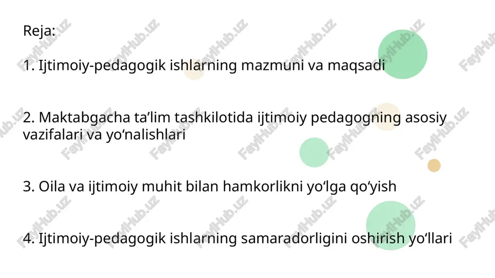 tlarni shakllantirish; 5. maktabgacha ta’lim tashkilotida sog‘lom psixologik muhit yaratish; 6. bolalarning huquqlari buzilmasligini ta’minlash va zarur hollarda himoya qilish. 8 business business business yo‘nalishlar: tarbiyaviy yo‘nalish: bolalarda axloqiy qadriyatlar, odob, madaniyatni shakllantirish. profilaktik yo‘nalish: bolaning noto‘g‘ri xulq-atvori oldini olish. diagnostik yo‘nalish: bola shaxsini o‘rganish, kuzatish, psixologik testlar o‘tkazish. konsultativ yo‘nalish: ota-onalar va tarbiyachilarga maslahat berish. himoya yo‘nalishi: bolaning ijtimoiy huquqlarini himoya qilish. 9 3. oila va ijtimoiy muhit bilan hamkorlikni yo‘lga qo‘yish maktabgacha ta’lim tashkilotidagi ijtimoiy-pedagogik ishlarning muvaffaqiyati, avvalo, oila bilan samarali hamkorlikka bog‘liq. bola shaxsining tarbiyasi oilada boshlanadi, shuning uchun tarbiyachilar va ijtimoiy pedagoglar ota-onalar bilan birgalikda ish olib borishlari zarur. asosiy hamkorlik shakllari: ota-onalar yig‘ilishlari, suhbatlar, ochiq darslar; “oila va bog‘cha hamkorligi” mavzusida davra suhbatlari; “mehrli oila”, “baxtli bola” kabi loyihalar; mahalla, tibbiyot muassasalari, psixologlar bilan hamkorlik; ota-onalarga pedagogik maslahatlar berish, tarbiya bo‘yicha treninglar o‘tkazish. 11 4. ijtimoiy-pedagogik ishlarning samaradorligini oshirish yo‘llari maktabgacha ta’lim muassasasida olib borilayotgan …