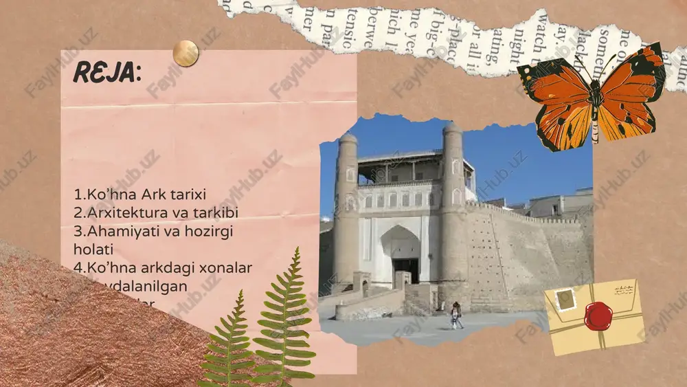 zatilgan portali, yog‘och ustunlari, dekorativ o‘ymakorliklari bilan ajralib turadi. oq shayx bobo ko‘shki/ minorasi ark hududida joylashgan, kuzatuv minorasi vazifasini ham bajargan. uzbekistan yozgi masjid – iwan shaklida ochiq joyda, bezatilgan surat va majolica ishlari bilan bezatilgan. hozir saqlanib qolgan binolar ichida qabulxona, masjidlar, zarbxona va haramxona qismi mavjud. ahamyati ko‘hna ark — xiva xonlarining siyosiy, ma’muriy va mudofaa markazi bo‘lgan. “qal’a ichida qal’a” sifatida ichan-qaladan baland devor bilan ajratilgan. arkda harbiy ko‘riklar, paradlar, davlat idoralari ishlagan. bugungi kunda ko‘hna ark muzey majmuasi sifatida ishlaydi, turistlar uchun ochiq. arxeologik qazishmalar davomida qadimiy keramika buyumlari va binolarning asoslari topilgan. zarbxona (14,0 x 17,0 m) muhammad rahimxon i hukmronligi davrida (1806—25) bunyod etilgan. gumbazli uchta xonadan iborat. bu yerda hukmronlik qilayotgan xonning muhri bosilgan tilla, kumush va qarg‘apul chaqalar zarb etilgan. zarbxona masjid (15,8x 12,8 m) va ayvoni (7,4 x 13,0 m) hamda qator xonalar (10,0 x 10,0 m) hovli atrofida joylashgan. …