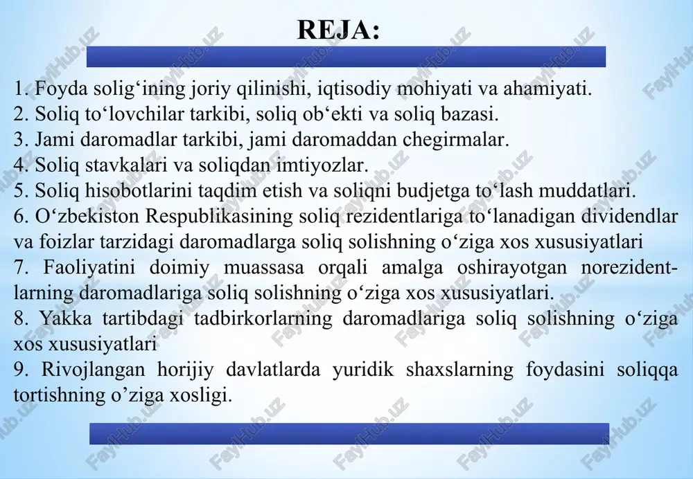 mahsulotga talab pasayib, sotishdan olingan tushum hajmi kamaygani holda, ular o‘z ishlab chiqarishlari yo‘nalishini o‘zgartirishga, foyda olmasalar ham juda katta miqdorda ishchilarga ish haqi to‘lashga majbur bo‘ldilar. bunday holatda amaliyotda korxonalar hisobot davrida faoliyatlarini foyda bilan yakunlamasada, daromad solig‘ini ish haqi jamg'armasidan belgilangan stavkada to‘lashga majbur edilar. 4 foyda solig‘ining joriy qilinishi, iqtisodiy mohiyati va ahamiyati 1995-yil 1-yanvardan boshlab soliqlarning rag‘batlantiruvchi rolini kuchaytirish maqsadida mamlakatimizda korxonalarning foydasidan olinadigan soliq joriy etildi. shu bilan bir qatorda soliq to‘lovchilarning ayrim toifalari (tijorat banklari, sug‘urta tashkilotlari, tamosha-konsert faoliyatini olib boruvchi muassasalar, ko‘ngilochar o‘yinlarni tashkil etuvchi korxonalar, birja va boshqa shu kabi korxonalar) uchun daromad solig‘i va yalpi daromad solig‘ini to‘lash tartibi saqlab qolindi. 5 foyda solig‘ining joriy qilinishi, iqtisodiy mohiyati va ahamiyati iqtisodiy mohiyatiga ko’ra foyda solig‘i to’g’ri soliqlar tarkibiga kirib, u davlat byudjeti daromadlarini shakllantirishda asosiy manbalardan biri hisoblanadi. davlat byudjeti daromadlaridagi salmog‘i 2004-yilda 7,0 foizni tashkil etgani holda, 2006-yilda 5,4 foizni, …