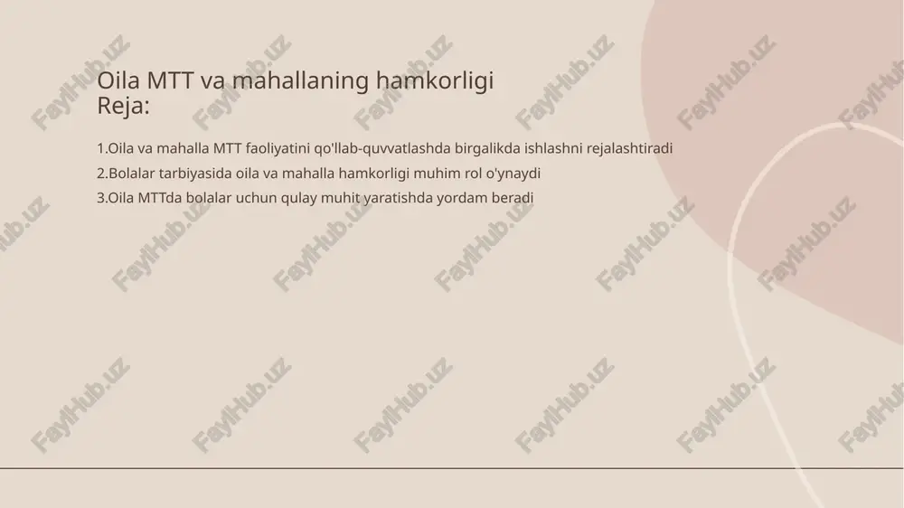 bolalarning matkapda tinch va faol bo'lishlariga yordam beradi. bu tarbiyachilar rejasini samarali amalga oshirishni osonlashtiradi. • oilaviy she'r va hikoyalar roli - oilada o'qiladigan she'r va hikoyalar bolalarning tasavvur qila olish qobiliyatini kuchaytiradi. bunday ko'mak o'rganish jarayonini yanada boyitadi. • birgalikda o'rganishning ahamiyati - oila va mtt xodimlarining uyg'un ishi bolalar rivojlanishini tezlashtiradi. har bir bola o'zini muhim ekanligini his qilishi muhimdir. mahalla mtt faoliyatiga ijtimoiy tadbirlar orqali hissa qo'shadi • mahalla va bolalar bog'chalari o'rtasidagi hamkorlik - mahallalar bolalar bog'chalari uchun ijtimoiy tadbirlarni tashkil etib, bolalarga qo'shimcha madaniy va tarbiyaviy tadbirlar o'tkazishga xizmat qiladi. • ijtimoiy tadbirlarning axamiyati - ijtimoiy tadbirlar jamoaviylikni kuchaytiradi hamda bolalarning ertangi hayoti uchun ijobiy muhit shakllantiradi. oila va mahalla bolalar tarbiyasi uchun birgalikda strategiyalar ishlab chiqadi • hamkorlikning ahamiyati - oila va mahalla birgalikda tarbiya jarayonini yaxshilashda muhim rol o'ynaydi, bu bolaning ijtimoiy muhitda o'sishini ta'minlaydi. • e'tiborli rejalashtirish - mahalla faollari va ota-onalar …