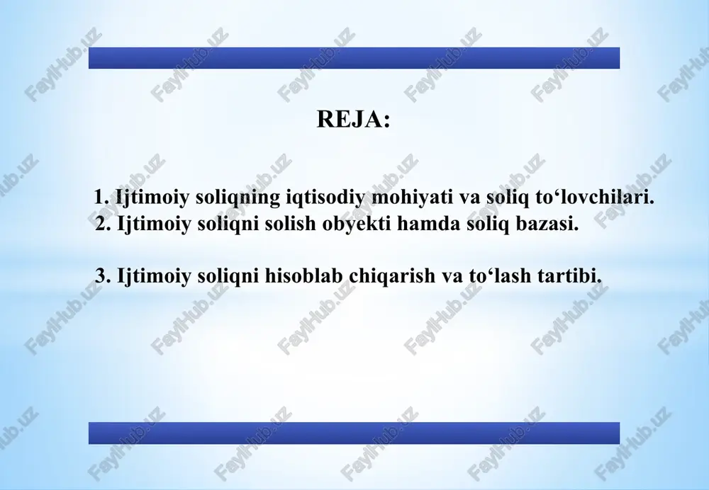 an yuridik shaxsga to’lanadigan chet ellik xodimlarning daromadlari ham soliq solish ob’ektidir. 5 ijtimoiy soliqni solish obyekti hamda soliq bazasi quyidagilar soliq solish ob’ekti hisoblanmaydi: - ish beruvchining xodimga mehnatda mayib bo’lganligi yoki sog’ligiga boshqacha shikast etganligi bilan bog’liq zararning o’rnini qoplash tarzidagi, soliq kodeksi 369-moddasi ikkinchi qismining 10-bandida ko’rsatilgan miqdorlardan ortiqcha xarajatlari, ya’ni: -jabrlanuvchi mehnatda mayib bo’lguniga qadar olgan o’rtacha oylik ish haqiga nisbatan foiz hisobidagi, uning kasbga oid mehnat qobiliyatini yo’qotganlik darajasiga muvofiq belgilanadigan har oylik to’lovlar (voyaga etmagan shaxs mehnatda mayib bo’lib qolgan taqdirda, zararning o’rni uning ish haqi (daromadi) miqdoridan kelib chiqqan holda, lekin qonun hujjatlarida belgilangan mehnatga haq to’lashning eng kam miqdorining 1,76 baravaridan kam bo’lmagan miqdorda qoplanadi); 6 ijtimoiy soliqni solish obyekti hamda soliq bazasi -maxsus tibbiy parvarishga muhtoj jabrlanuvchilarga qo’shimcha xarajatlar uchun oyiga mehnatga haq to’lashning eng kam miqdorining 70,3 foizi miqdoridagi to’lovlar; -jabrlanuvchining maishiy parvarishi uchun qo’shimcha xarajatlar tariqasida har oyda mehnatga …