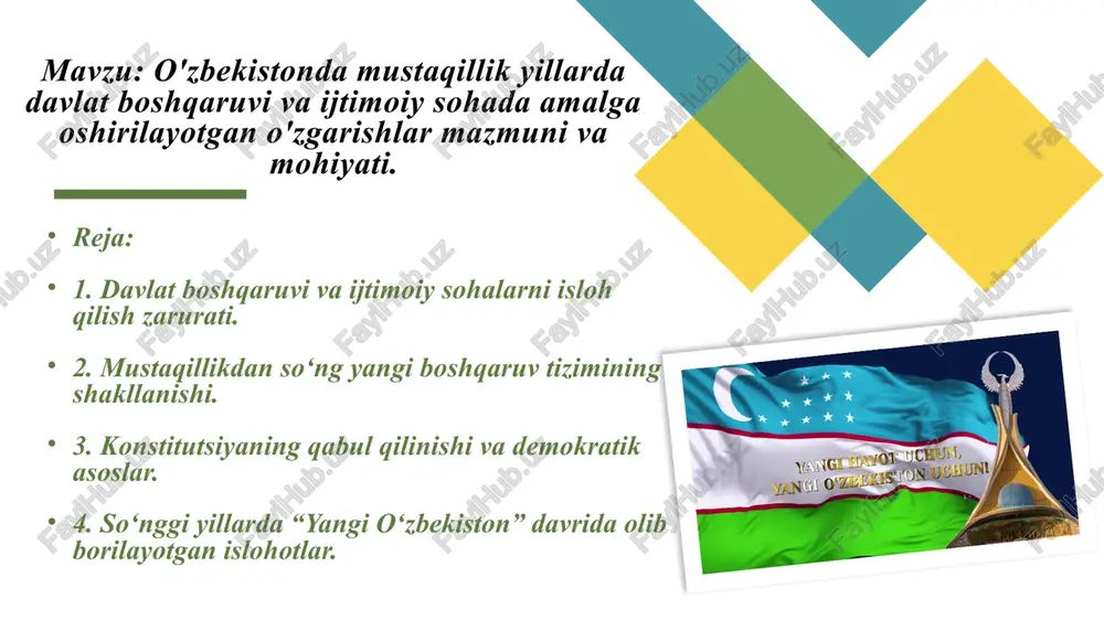 si, ta’lim, sog‘liqni saqlash, madaniyat va sport sohalarini rivojlantirish ehtiyojidan kelib chiqdi. sobiq tizim davrida bu sohalarda markazlashgan boshqaruv, ma’naviy qadriyatlarga e’tiborsizlik, erkin fikrlash va tashabbusning cheklanishi mavjud edi. mustaqillik yillarida bu kamchiliklarni bartaraf etish, ijtimoiy sohalarni inson manfaatlariga yo‘naltirish davlat siyosatining bosh maqsadiga aylandi. 4 o‘zbekiston respublikasi mustaqillikka erishganidan so‘ng mamlakat hayotida tub o‘zgarishlar davri boshlandi. eng muhim yo‘nalishlardan biri — yangi, demokratik tamoyillarga asoslangan davlat boshqaruvi tizimini shakllantirish edi. chunki mustaqillik bilan birga sobiq tuzumning markazlashgan, buyruqbozlikka asoslangan boshqaruv tizimi o‘z ahamiyatini yo‘qotdi. endilikda mamlakat o‘z xalqining manfaatlariga xizmat qiluvchi, inson huquqlarini ustuvor qo‘ygan boshqaruv modelini yaratishga kirishdi. yangi boshqaruv tizimining shakllanishi, avvalo, 1992-yil 8-dekabrda qabul qilingan o‘zbekiston respublikasi konstitutsiyasi orqali huquqiy asosda mustahkamlandi. asosiy qonun mamlakatda davlat hokimiyatining bo‘linish tamoyilini belgilab berdi. unga ko‘ra, qonun chiqaruvchi, ijro etuvchi va sud hokimiyatlari o‘zaro mustaqil bo‘lib, ular o‘rtasida muvozanat va hamkorlik tizimi yaratildi. mustaqillikdan so‘ng yangi boshqaruv tizimining shakllanishi …
