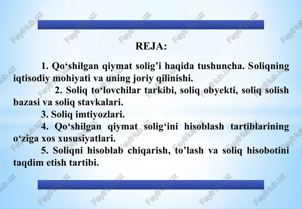 da joriy etishni 1919 yilda vilgelm fon simens ilgari surdi. qo‘shilgan qiymat solig‘ini amaliyotga joriy etish va undirish mexanizmi birinchi marta fransuz moliyachisi morris lore tomonidan ishlab chiqildi. ammo qo‘shilgan qiymat solig‘i m.lorening taklifidan so‘ng o‘tgan 10 yildan ortiq vaqt mobaynida tajriba uchun taklif etilgan shaklda qo‘llanildi. fransiyada qo‘shilgan qiymat solig‘i 1968 yildan boshlab joriy etildi. 5 qo‘shilgan qiymat solig’i haqida tushuncha. soliqning iqtisodiy mohiyati va uning joriy qilinishi xx asrning 70-yillarida qo‘shilgan qiymat solig‘i g‘arbiy yev­ropaning qator mamlakatlarining soliq amaliyotida joriy qilindi. buning asosiy sababi va huquqiy asosi bo‘lib, yevropa iqtisodiy hamjamiyati tomonidan hamjamiyatga a‘zo mamlakatlarda qo‘shilgan qiymat solig‘ini undirishni tartibga solishning huquqiy me’yorlarini umumlashtirish to‘g‘risidagi maxsus direktivaning qabul qilinishi hisoblanadi. mazkur direktiva 1977 yilda qabul qil­indi va unda egri soliqlarning asosiy turi sifatida qo‘shilgan qiymat solig‘i e’tirof etildi. 6 qo‘shilgan qiymat solig’i haqida tushuncha. soliqning iqtisodiy mohiyati va uning joriy qilinishi o‘zbekiston soliq tizimida qo‘shilgan qiymat solig‘i 1992 …