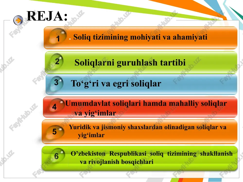 e free powerpoint template library 4 yig’im yig’im deganda vakolatli organlar va mansabdor shaxslar tomonidan amalga oshiriladigan yuridik ahamiyatga molik hatti-harakatlar amalga oshirilishining shartlaridan biri bo’lib hisoblanadigan, yuridik va jismoniy shaxslardan undiriladigan majburiy badal tushuniladi. boj boj-bu yuridik va jismoniy shaxslardan maxsus vakolat berilgan organlar tomonidan ma’lum bir holatni belgilash yoki yuridik kuchga ega bo’lgan xujjatni berish uchun to’lanadigan to’lov. soliq turlari foyda solig’i yer qa’ridan foydalanganlik uchun soliq 1 5 suv resurslaridan foydalanganlik uchun soliq 2 6 qo’shilgan qiymat solig’i mol-mulk solig’i 3 7 aktsiz solig’i 4 yer solig’i 8 jismoniy shaxslardan olinadigan daromad solig’i sk. 23-modda 9 ijtimoiy soliq o’zbekiston respublikasida amalda bo’lgan soliq turlari 17-modda. soliqlarning va yig’imlarning turlari © copyright presentationgo.com – the free powerpoint template library 7 o’zbekiston respublikasida amalda bo’lgan soliq turlari 17-modda. soliqlarning va yig’imlarning turlari o’zbekiston respublikasi hududida yig’imlar belgilanishi mumkin. yig’imlarni joriy etish, hisoblab chiqarish va to’lash tartibi soliq kodeksda hamda …