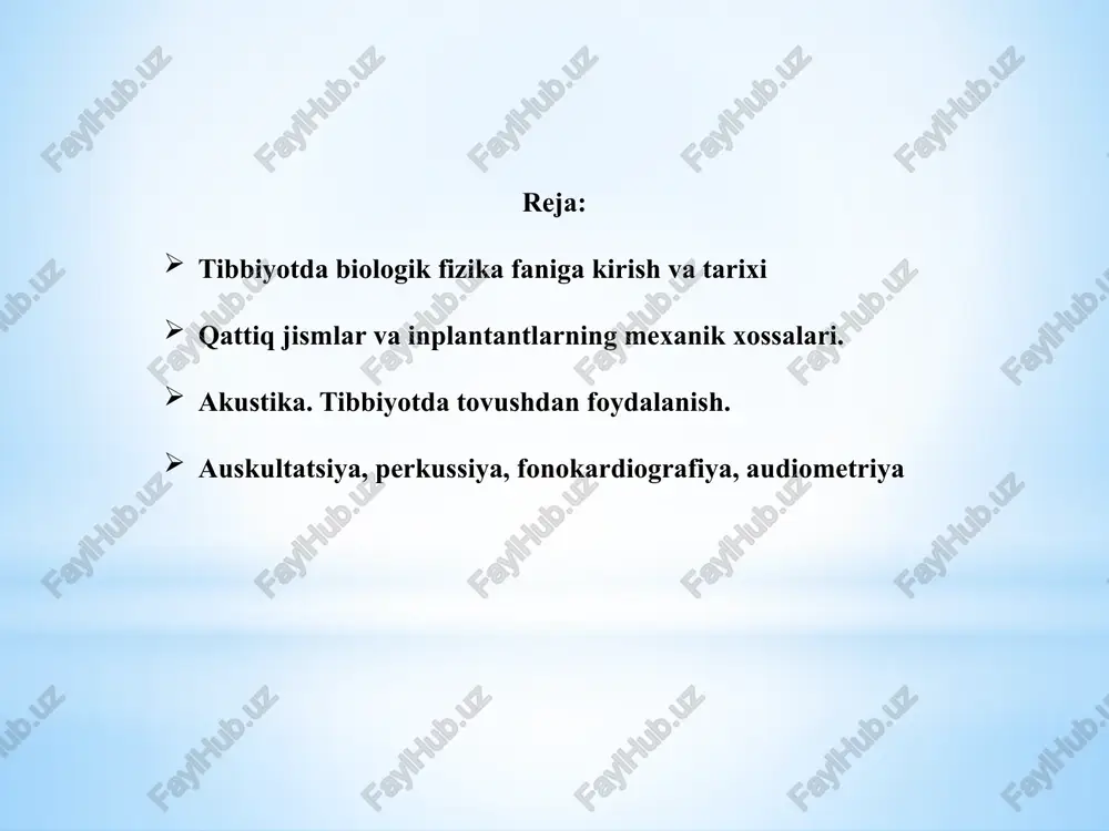 as olish jarayoni dinamikasi, biologik suyuqlik va gazlar aralashmasini hisoblash kabi tadqiqotlari alohida ahamiyatga ega xvi asrda mikroskopning yaratilishi (aka-uka yansonlar tomonidan) xvii asrda hujayra nazariyasining yaratilishi (shvann va shlayden tomonidan) xvii-xviii asrda levenguk va svammerdam tomonidan – sodda organizmlar, asab va muskul tolalari o'rganilishi hujayra tuzilishi (yadro, yadrocha, membrana, golji apparati) kashf qilinishi xix asrda bioptika va bioakustika asosida asab tolasi bo'ylab qo'zg'alishning uzatilishi xususiyatlari o'rganilishi (gelmgolts tomonidan) biofizika fanining rivojlanishiga o'zbekiston olimlarining qo'shgan hissalari usmanov po'lat bekmuratovich biologiya fanlari doktori, professor, o'zr fa fiziologiya va biofizika instituti direktori, biofizika sohasida 130 dan ortiq ilmiy maqola nashr ettirgan va 5 ta patent sohibi hisoblanadi. p.b.usmanov rahbarligida 12 ta nomzodlik dissertatsiyasi, 5 ta doktorlik dissertatsiyasi tayyorlangan. to'raqulov yolqin xolmatovich biologiya va tibbiyot sohasidagi atoqli olim, biologiya fanlari doktori, professor, o'zr fa akademigi. yo.x.to'raqulov biokimyo, biofizika va tibbiyot fanlarining rivojlanishiga ulkan hissa qo'shdi. u 10 ta monografiya, «bioximiya» kitobi muallifi hisoblanadi, …