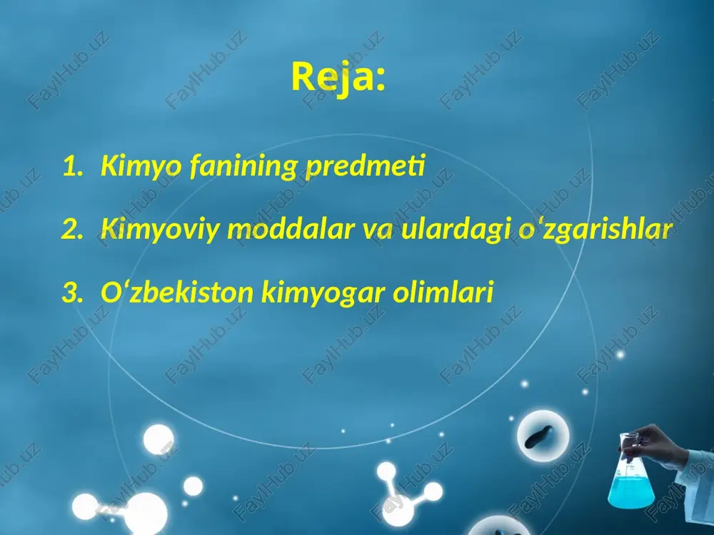 o bo‘lgan o‘nlab kimyoviy mahsulotlar ishlab chiqarish yo‘lga qo‘yildi. yerosti foydali qazilmalari zaxiralaridan oqilona foydalanish orqali sanoat uchun qimmatbaho bo‘lgan o‘nlab kimyoviy mahsulotlar ishlab chiqarish yo‘lga qo‘yildi. yurtimizning taniqli kimyogar olimlari – k.s. ahmedov, n.a. parpiyev, sh.i. solihov, n.r. yusupbekov, m.a. asqarov, s.n. ne’matov, a.a. abd u vahobov, z.s. salimov, s.sh. rashidova, m.o. obidova, t.m. mirk omilov, b.m. beglov, s.i. iskandarov, x.r. rustamovva boshqa larning olib borgan va bugungi kunda amalga oshirayot gan ilmiy tadqiqotlarining natijalari o‘zbe kistonda kimyo fani va sanoatin ing rivojlanishida o’z hissalarini qo’shdilar. o.s. sodiqov (1913–1987). o‘zfa akademigi, kimyo fanlari doktori, professor. 600 dan ortiq ilmiy maqolalari, 100 dan ortiq ixtirolari bor. o.s. sodiqov s.y. yunusov (1909–1991). o‘zfa akademigi, kimyo fanlari doktori, professor. 600 dan ortiq ilmiy maqolalar, 100 dan ortiq ixtirolar, 10 dan ortiq monografiyalar muallifi. s.y. yunusov n.a. parpiyev (1931). o‘zfa akademigi, kimyo fanlari doktori, professor. o‘zbekistonda xizmat ko‘rsatgan fan arbobi. 700 dan ortiq …