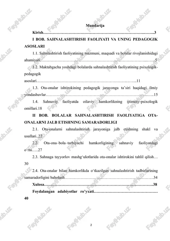 al va ijodiy rivojlanishida muhim o‘rin tutadi. sahnada o‘z obrazini yaratish, rollarni ijro etish, o‘zaro muloqot qilish jarayonlari bola shaxsining har tomonlama shakllanishiga xizmat qiladi. ayniqsa, bu jarayonga ota-onalarni jalb etish pedagogik hamkorlikning yangi bosqichini yuzaga keltiradi. oila va ta’lim tashkiloti o‘rtasidagi uzviy aloqa bolaning sahnaviy ko‘nikmalarini mustahkamlashda, uning o‘ziga bo‘lgan ishonchini oshirishda, ijodkorligini qo‘llab-quvvatlashda alohida ahamiyatga ega. bugungi kunda davlat tomonidan maktabgacha ta’lim sifatini yangi bosqichga ko‘tarishga qaratilgan normativ-huquqiy hujjatlarda ham ota-onalar bilan hamkorlikni kuchaytirish, oilani ta’lim jarayonining faol subyekti sifatida jalb etish alohida ta’kidlanadi. bu esa sahnalashtirish faoliyatida oilaviy ishtirokni samarali tashkil etish bo‘yicha ilmiy-amaliy izlanishlarning dolzarbligini yanada oshiradi. ota-onalar ishtirokidagi sahnalashtirish faoliyati bolalarning emotsional barqarorligi, ijtimoiy kompetensiyalarining rivojlanishi, jamoada ishlash ko‘nikmalari va ijodiy tashabbuskorligini kuchaytiruvchi muhim pedagogik mexanizmdir. shu bois mazkur kurs ishi bolalar sahnalashtirish jarayoniga ota-onalarni jalb etishning samaradorligini o‘rganishga, bu jarayonda qo‘llaniladigan pedagogik yondashuvlar, shakl va metodlarni tahlil qilishga yo‘naltirilgan bo‘lib, amaliy ahamiyati yuqori masala …