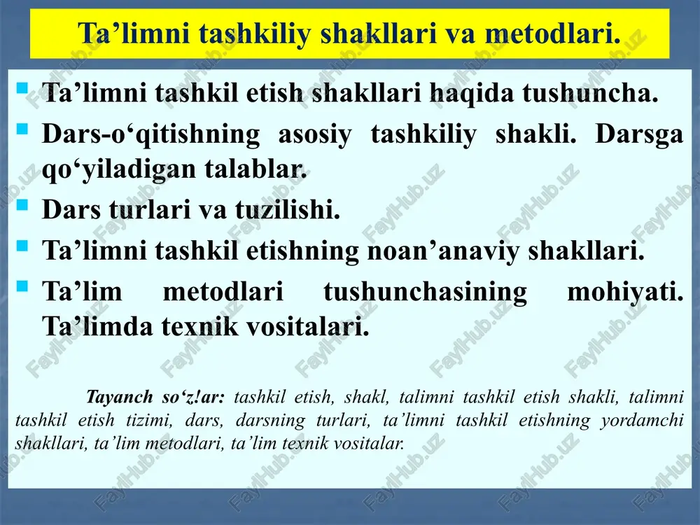 gan, undan ba’zi mamlakatlarda xviii asrgacha keng foydalanilib kelingan. afzalliklari kamchiliklari 1) o‘quv faoliyati mazmuni, metodi va sur’atini to‘la individualashtirish imkoniyatining mavjudligi; 2) aniq bir masalani hal etishda ta’lim oluvchining har bir harakati va operatsiyalarini kuzatib borishga imkon berishi. 1) vaqtning tejamli emasligi; 2) o‘qituvchi ta’sirining cheklanganligi (o‘qituvchining vazifasi o‘quvchiga topshiriq berish va uni bajarilishini tekshirishdan iborat); 3) boshqa o‘quvchilar bilan hamkorlikda ishlash imkoniyati cheklanganligi (bu holat ijtimoiylashuv jarayoniga salbiy ta’sir ko‘rsatadi); 4) jamoada ishlash tajribasining shakllanmasligi. xvi asrdan boshlab individual o‘qitish shaklining ahamiyati pasayib, uning o‘rnini ta’limning individual-guruhli shakli egallashiga imkon berdi. ulardan biri bolalaming guruhli (jamoali) ta’limi sanaladi. u g‘arbiy rossiya (hozirgi belorssiya va ukrainanmg g‘arbiy qismlari) birodarlik maktablarida ilk bor qo‘llanilgan va u sinf-dars shaklining asosi bo‘lib qolgan. bu tizimlar xvii asrda y. a komenskiy tomonidan «buyuk didaktika» asarida nazariy jhatdan asoslab berildi va ommalashtirildi. olim pedagogikaga o‘quv yili, o‘quv kuni, dars, mashg‘ulotlar orasidagi tanaffus, o‘quv ta’tillari …