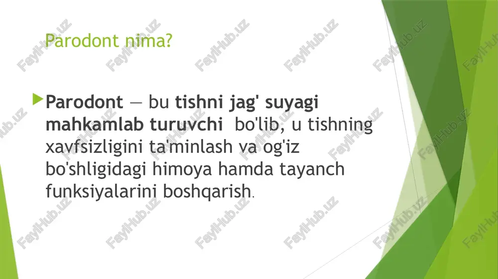 matologik nazorat har 6 oyda bir marta stomatolog ko'rigidan o'tish. tish toshi va blyashkani professional tozalash (skaling) orqali olib tashlash. tish va sutdagi yallig'lanishlarni (gingivit, karies) erta davolash. 4. zararli odatlardan voz kechish chekish va sug'orish parodont to'g'ridan-to'g'ri ishemiyaga olib, parodontit hosilni tez ishlab chiqarish . tishni qattiq narsalar bilan ochish yoki tishlarni qarsillatish kabi odatlardan saqlanish. 5. umumiy sog' olish qon holati, immun tizimi, endokrin tizimi sog'lom bo'lishi parodont holatiga ta'sir qiladi. surunkali yurak, qandli diabet-tomir kasalliklari)ni nazoratda ushlab turish. 6. profilaktik mahsulot fluoridli tish pastalari va fitopreparatlar (romashka, adaçay, eman po'chog'i damlamasi) bilan og'iz chayish. parodontoprofilaktika gellar (masalan, metrogil denta, holi profilaktika)ni vaqti-vaqti bilan aniqlash. image1.png image2.png /docprops/thumbnail.jpeg