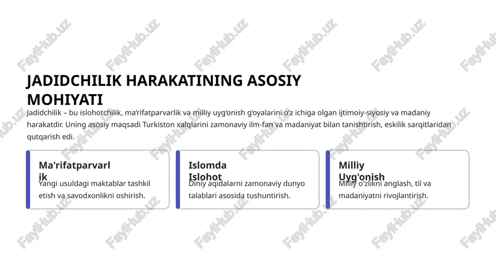 etuk ziyolisi, amaliyatchi va matbuot targ'ibotchisi edi. u jadidchilikni turkistonga kiritishda qrim ma'rifatparvari ismoil gaspralidan ilhomlangan. faoliyat yo'nalishlari "oyna" jurnali: jadidlarning asosiy nashri, ma'rifiy g'oyalarni tarqatish platformasi. teatr: "padarkush" (otalar qotili) asari bilan milliy teatrga asos solgan. ta'lim: samarqandda yangi usuldagi maktablar ochgan va o'qituvchilik qilgan. behbudiy madaniy o'zgarishlarsiz ijtimoiy taraqqiyotga erishib bo'lmasligiga qat'iy ishongan. u, shuningdek, turkistonning mustaqil kelajagi uchun kurashgan siyosiy yetakchilardan biri edi. abdulla avloniy: pedagog va tarbiyachi abdulla avloniy (1878–1934) – o'zbek pedagogikasi va jurnalistikasining yirik namoyandasi. uning asosiy e'tibori yoshlar tarbiyasiga qaratilgan edi. pedagogik asarlar "turkiy guliston yoxud axloq" asari orqali ma'naviy tarbiya tamoyillarini yaratgan. maktab faoliyati toshkentda bir necha yangi usuldagi maktablar ochgan va ularga rahbarlik qilgan. bolalar adabiyoti bolalar uchun mo'ljallangan she'r va hikoyalari bilan yosh avlod ongiga ma'rifat urug'ini sepgan. jadidlarning asosiy vazifalari (1905-1917) jadid ma'rifatparvarlari mustamlakachilik sharoitida o'lkaning ijtimoiy-ma'naviy hayotiga ta'sir etish uchun bir qancha strategik vazifalarni belgilab olgan edilar. matbuotni …