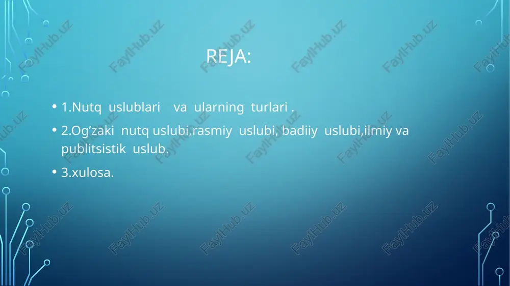a yoki ta'rifning mazmunini ochishgaxizmatqiladigan ajratilgan bo’laklar, kirish so’zlar, kirish birikmalar, shuningdek, qo’shmagaplardan ko’proq foydalaniladi 3. rasmiy-idoraviy uslub davlat idoralari tomonidan chiqariladigan qarorlar, qonunlar, nizomlar, xalqarohujjatlar rasmiy-idoraviy uslubda yoziladi. ariza, tilxat, ma'lumotnoma, chaqiruvqog’ozi, taklifnoma, shartnoma, tarjimai hol, e'lon, tavsifnoma, dalolatnoma, hisobotkabilar ham shu uslubda yoziladi. bunday uslubdagi hujjatlar qisqa, aniq, barchauchun tushunarli qilib tuziladi. bu uslubning asosiy belgisi: jumlalarningbir qolipda,bir xil shaklda bo’lishi. bu uslubda ham so’zlar o’z ma'nosidaqo’llanadi,ko’pchilikka ma'lum bo’lgan ayrim qisqartma so’zlar ishlatiladi, har bir sohaningo’ziga xos atamalaridan foydalaniladi. rasmiy-idoraviy uslubda ko’pinchadarakgaplardan, qaror, buyruq, ko’rsatma kabilarda esa buyruq gaplardanhamfoydalaniladi. bu uslubda gap bo’laklarining odatdagi tartibda bo’lishigarioyaqilinadi: o’z lavozimini suiiste'mol qilganligi uchun m.ahmedovga hayfsane'lonqilinsin 4. ommabop (publitsistik) uslub tashviqot-targ’ibot ishlarni olib borishda qo’llanadigan uslub, ya'ni matbuot uslubiommabop uslub hisoblanadi. bu uslubda ijtimoiy-siyosiy so’zlar ko’pqo’llanadi.nutq ta'sirchan bo’lishi uchun ta'sirchan so’z va birikmalardan, maqol vahikmatliso’zlardan ham foydalaniladi. bunday uslubda gap bo’laklari odatdagi tartibdabo’ladi,kesimlar buyruq va xabar maylidagi fe'llar bilan ifodalanadi, darak, …