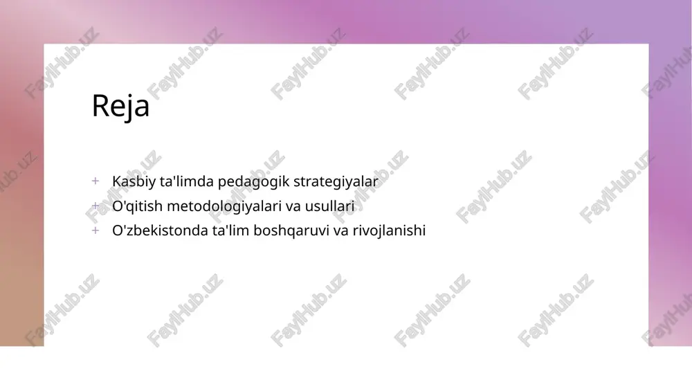 sh metodologiyalari va texnologiyalarni joriy etishni talab qiladi, bu esa ta'lim sifatini oshiradi. 4 rivojlanish istiqbollari o'zbekistonda kasbiy ta'lim tizimining rivojlanishi, xalqaro standartlarga mos kelishi va iqtisodiy talablarni qondirishi uchun uzluksiz yangilanishlarni talab qiladi. talabalar uchun malaka va ko'nikmalarni rivojlantirish strategiyalari. 1 o'quv rejasi talabalar uchun malaka va ko'nikmalarni rivojlantirishda o'quv rejalarining samarali tuzilishi muhim. malakali o'qituvchilar bilan birga, amaliy mashg'ulotlar ko'proq e'tibor talab etadi. 2 amaliyot va tajriba talabalar o'z malakalarini amaliy mashg'ulotlar orqali rivojlantirishlari zarur. ish joyida stajirovka qilish, real loyihalarda ishtirok etish ushbu jarayonni samarali qiladi. 3 innovatsion yondashuvlar zamonaviy texnologiyalar va interaktiv metodlar: simulyatsiyalar, onlayn platformalar orqali o'qitish talabalar ko'nikmalarini rivojlantirishda muhim rol o'ynaydi. kasbiy ta'limda innovatsion o'qitish metodlari: yangi yondashuvlar va imkoniyatlar. 1 innovatsion yondashuvlar - innovatsion o'qitish metodlari zamonaviy talablar va ish beruvchilar ehtiyojlariga mos ravishda, o'quv jarayonini takomillashtirishga yordam beradi. 2 interaktiv ta'lim - interaktiv ta'lim metodlari talabalarni faol ishtirok etishga undaydi, ularning …