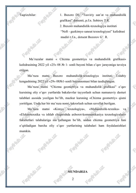 sh usullari 70 11-mavzu proyeksiyalar tekisliklarini almashtirish usuli 82 12-mavzu ko‘pyoqliklar 89 13-mavzu egri chiziqlar 96 14-mavzu sirtlarning hosil bo‘lishi va ularning tekis chizmada berilishi 101 15-mavzu sirtlarning tekislik va to‘g‘ri chiziq bilan kesishishi 105 16-mavzu sirtlarning o‘zaro kesishishi 114 17-mavzu sirtlarning yoyilmalarini yasash 118 18-mavzu aksonometrik proeksiyalar 123 adabiyotlar ro’yxati 128 chizma geometriya" o’quv fani respublikamizda olib borilayotgan tub islohotlar oliy ta`lim sohasida ham izchil va uzluksiz o`zgarishlarni amalga oshirishni taqazo etmoqda. malakali kadrlarni tayyorlash sohasida jahon andozalariga mos ravishda tub o`zgarishlar qilinishini talab etadi. ma`lumki, mashinasozlik, arxitektura-qurilish korxonalari, firma va tashkilotlarining samarali ishlashlarini, undagi mavjud bo`lgan malakali, ilmli va ijodiy potentsialga ega bo`lgan ziyoli xodimlar ta`minlaydi. o’qitishning maqsad va vazifalari fanning asosiy maqsadi quyidagilardan iborat: 1. fazoviy geometrik ob`ektlarni tekislikda proektsiyalarini xosil qilish usullarini o`rganish; 2. fazoviy geometrik ob`ektlarni berilgan tekis chizmasida (epyurida) konstruktiv, metrik va pozitsion masalalarni grafikaviy yasash yo`llari bilan ularni echish usullarini o`rganish; 3. fazoviy …