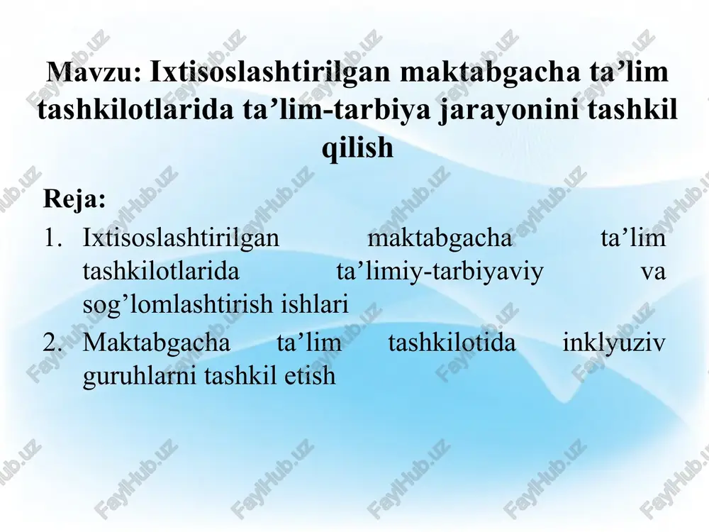 va reabilitatsiya qilishga qaratilgan reabilitatsiya - organizmning buzilgan faoliyatini tiklanishiga qaratilgan tibbiy, pedagogik va ijtimoiy chora-tadbirlar tizimi 10 har bir bolaning ta'lim olishga bo'lgan huquqining amalga oshirilishini ta'minlash, bolalarni o'qitish va tarbiyalash, jamiyatga moslashtirish, shuningdek, rivojlanishidagi nuqsonlarni korreksiyalash uchun qulay shart-sharoitlar yaratish ixtisoslashtirilgan maktabgacha tashkilotining maqsadlari hisoblanadi. ixtisoslashtirilgan maktabgacha ta’lim tashkilotining vazifalari tarbiyalanuvchilarga ta'lim-tarbiya va korreksion-pedagogik yordam berilishini ta'minlash tibbiy abilitatsiya va reabilitatsiya o'tkazish, bolalar rivojlanishidagi nuqsonlarni kompensatsiya va korreksiya qilish bolalarning ijtimoiy moslashuvchanligini hamda ta'lim va tarbiya olishni davom ettirishga tayyorligini ta'minlash ixtisoslashtirilgan mtt ta'lim olish tarbiyalanish parvarishlanish sog'lomlashtirilish ixtisoslashtirilgan maktabgacha ta’lim tashkilotda ta'lim-tarbiya jarayoni maxsus maktabgacha ta'lim bo'yicha tegishli malakaga ega pedagog xodimlar tomonidan o'tkaziladi inklyuziya - (inclusion) uyg'unlashmoq, qamrab olmoq ma'nolarini bildiradi inklyuziv ta'lim va tarbiya – bolalarning alohida ta'lim olishga bo'lgan ehtiyojlarini hamda individual imkoniyatlarini hisobga olgan holda ta'lim va tarbiya olishi uchun teng imkoniyatlarni ta'minlaydigan jarayon rivojlantirish guruhi kechki, dam olish va bayram kunidagi guruh …
