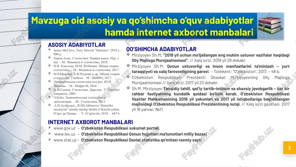 ng predmeti va uning o’ziga xos xususiyatlari. statistikada ma’lumot turlari. iqtisodiy ijtimoiy jarayonlarda statistik fikrlash. 3 reja: ilk bor statistikaning vujudga kelishi amaliy ehtiyojlar bilan uzviy bog'liq bo'lgan. qadim zamonlardayoq qurolli kuchlarga layoqatli kishilar sonini bilish, soliqqa tortish obyektlarini belgilash zarurati tug'ilgan. bu esa davlatni aholi soni va tarkibida bo'layotgan o'zgarishlar ustidan kuzatishlar olib borishga undagan. qishloq xo'jaligi, savdo-sotiq, hunarmandchilik, sanoat va boshqa sohalar hamda iqtisodiy aloqalarning taraqqiy etishi ho'jalikka oid hodisa va amallar ustidan muntazam ravishda kuzatish olib borishni taqozo etgan. natijada baholar va savdo-sotiq statistikasi, mahsulotlarni ishlab chiqarish va taqsimoti statistikasi hamda boshqa iqtisodiy statistika tarmoqlari vujudga kelgan va rivoj topgan. statistika to’g’risida tushuncha. 4 statistika nima? jamiyat hayoti, turmushi haqidagi ma'lumotlarga bo'lgan amaliy ehtiyoj statistikani yaratdi. ammo, ilk bor statistika davlatni boshqarish muhim quroli sifatida shakllangan va rivojlanib borgan bo'lsa ham, shu bilan bir vaqtda ko'pdan ko'p voqealarni, faktlarni miqdoriy jihatdan hisobga olish va ma'lum darajada tartibga …