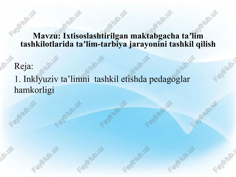 agogik jamoa me'yorda rivojlanayotgan bolalar moslashuv rivojlanish ijtimoiylashuv qo'llab- quvvatlash inklyuziv ta'lim muhitidagi hamkorlik modeli foydalanish uchun tavsiya etiladigan adabiyotlar ro'yxati 1. t.v.volosovets, e.n.kutepova. inklyuzivnaya praktika v doshkolnom obrazovanii. posobie dlya pedagogov doshkolnix uchrejdeniy. m.: mozaika-sintez, 2011. 2. o'zbekiston respublikasi maktabgacha ta'lim vazirligi: www.mdo.uz 3. maktabgacha ta'lim tashkilotlari direktor va mutaxassislarini qayta tayyorlash va ularning malakasini oshirish instituti: www.mdomoi.uz e'tiboringiz uchun rahmat! image1.jpeg image2.jpeg image3.png image4.jpeg image5.jpeg /docprops/thumbnail.jpeg