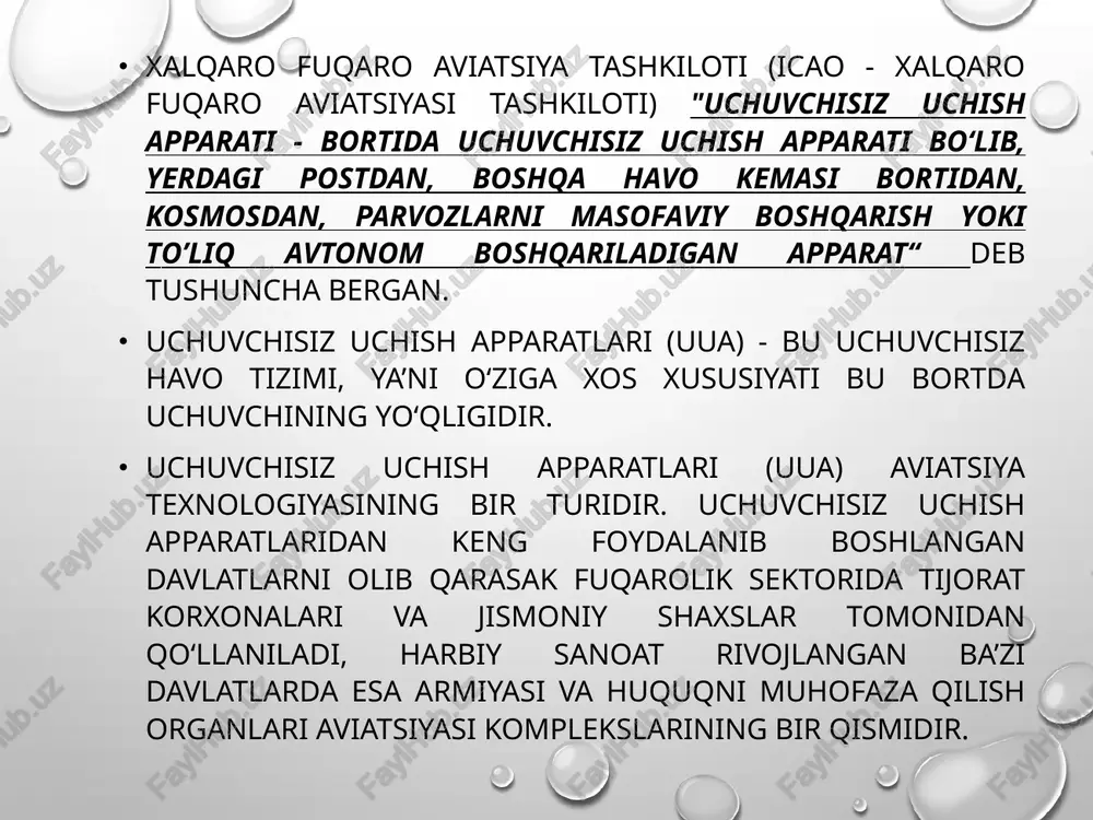boshqarish usullari bilan ishlashi mumkin. boshqariladigan samolyotlar bilan solishtirganda uualar odamlar uchun katta xavf tug‘diradigan hudularga borishda, shuningdek katta mablag‘ sarflanadigan jarayonlarni kuzatish uchun mo‘ljallangan. uuaga turli vazifalarni oflayn rejimda, yani inson aralashuvisiz bajarish uchun tegishli dasturiy taminot o‘rnatilishi mumkin. o‘ziga zarar etkazmasdan masofadan turib boshqarilishi mumkin bo‘lgan bunday mashinani yaratish g‘oyasi juda uzoq vaqt oldin paydo bo‘lgan. aka-uka raytlarning birinchi parvozidan 30 yil o‘tgach, bu g‘oya haqiqatga aylandi va 1933 yilda buyuk britaniyada masofadan boshqariladigan maxsus samolyot qurildi. janglarda qatnashgan birinchi dron. bu reaktiv dvigatelli radio boshqariladigan raketa edi. u avtopilot bilan jihozlangan bo‘lib, unga nemis operatorlari bo‘lajak parvoz haqidagi ma’lumotlarni kiritdilar. ikkinchi jahon urushi davrida ushbu raketa buyuk britaniyaning muhim strategik va fuqarolik ob’ektlariga havo hujumlarini keltirib, 20 mingga yaqin parvozlarni muvaffaqiyatli amalga oshirdi. dastlab uualar harbiy maqsadlarda yaratilgan. yildan yilga texnologiya jadal rivojlanib bormoqda. umuman olganda uua tarixini to‘rtta davrga bo‘lish mumkin: 1. 1849 yil - xx …