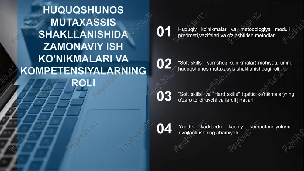 rsi oxirida talabalar quyidagilar bo'yicha bilimga ega bo'ladilar: • huquqshunosning shaxsiy rivojlanish rejasini tuzish; • huquqiy ko'nikmalar va metodologiyaning asoslari, ularning tuzilishi, tizimi, talablari, tamoyillari, qoidalari; • yumshoq ko'nikmalar (soft skills) hamda qattiq ko'nikmalar (hard skills)ning o'zaro to'ldiruvchi va farqli jihatlari; • muvaffaqiyatli yurist karyerasini rejalashtirish; • huquqiy faoliyat va targ'ibotda qo'llaniladigan ta'sirchan prezentatsiya tayyorlash; • mantiqiy to'g'ri fikrlash va uni mazmunli ifodalash; • yurist yozma nutqining talab va mezonlari; • huquqiy konsultatsiya va muzokaralarni muvaffaqiyatli olib borish metodikasi. • ta'sirchan rezyume tuzish; talabalar quyidagi ko'nikmalarga ega bo'ladilar: bo'lg'usi faoliyatida tashabbuskorlik, kreativlik va masalaga ijodiy yondashuv; amaliy muammolarni hal qilishda huquqiy ko'nikmalar va metodologiyadan real vaziyatlarda foydalanish, ularni samarali qo'llash tajribasi; o'qish va ishda vaqtni samarali boshqarish, taym-menejmentga amal qilish; turli manbalardan olingan axborotlarni saralash, baholash va ishlatish; huquqshunoslar guruhi va jamoasida ishni to'g'ri tashkil etish; omma oldida samarali va ta'sirchan nutq bilan chiqishlar qilish; jamoa ishida liderlik rolini muvaffaqiyatli …
